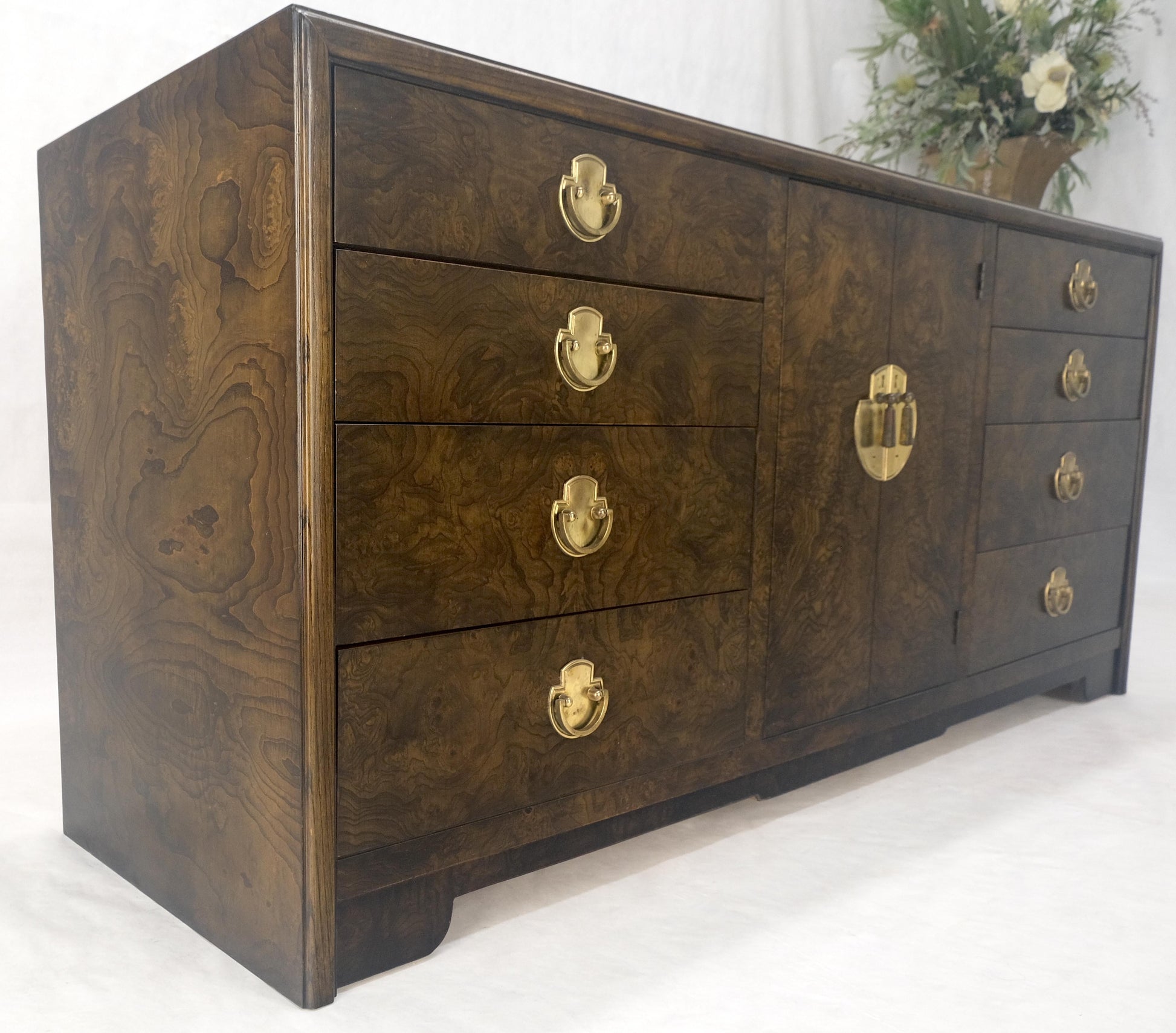 EstablishedLines Burl Wood Brass Hardware 2 Doors Compartment 68" Long Dresser Credenza MINT!