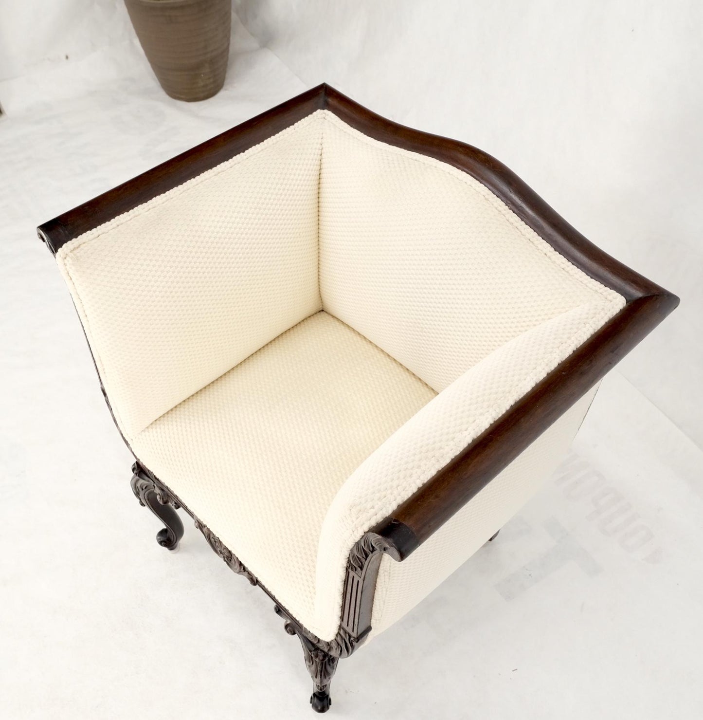 EstablishedLines Deep Arms Mahogany Carved Frame Lounge Fireside Chair