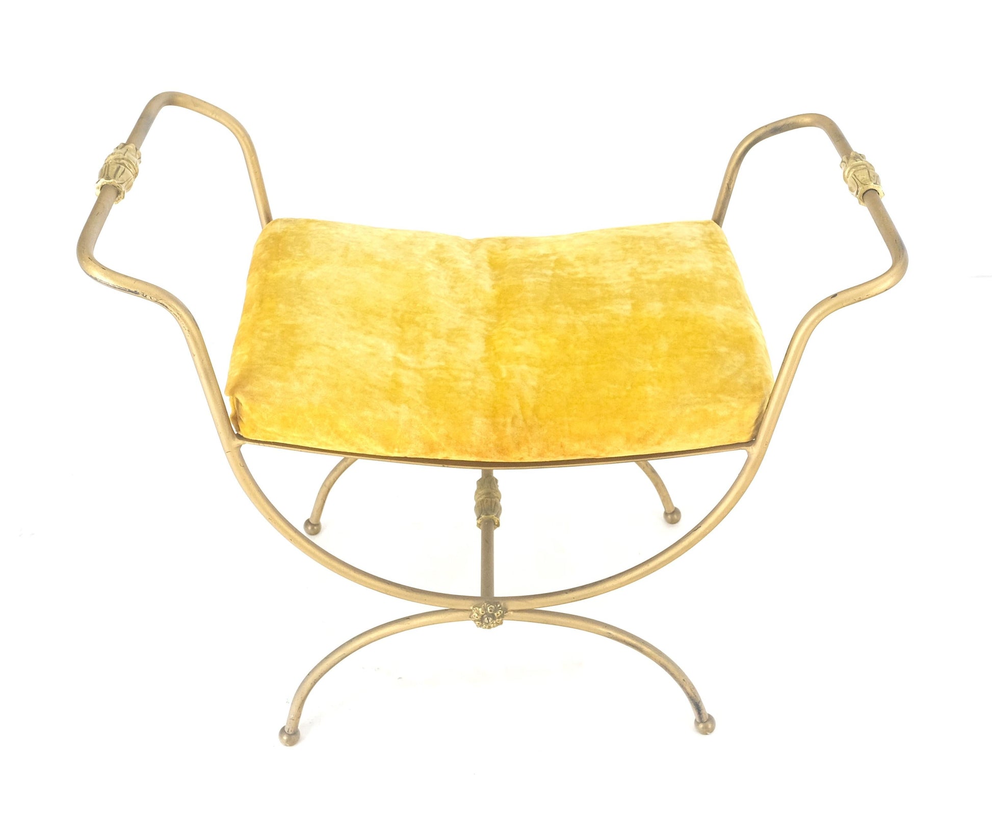 EstablishedLines Italian Brass & Steel Bent Wire Ball Feet Gold Upholstery Cushion Window Bench