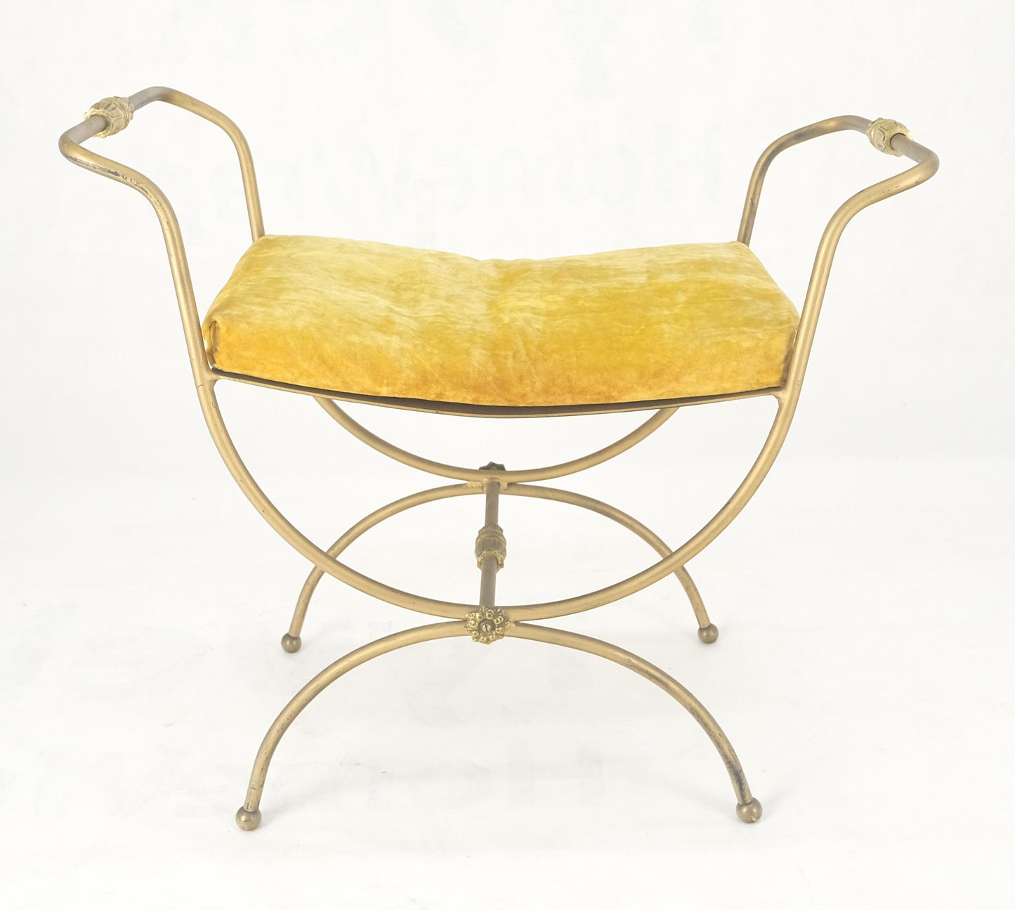 EstablishedLines Italian Brass & Steel Bent Wire Ball Feet Gold Upholstery Cushion Window Bench