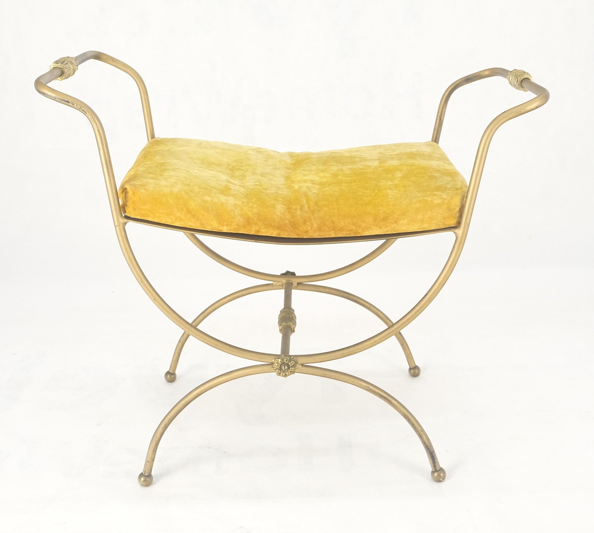 EstablishedLines Italian Brass & Steel Bent Wire Ball Feet Gold Upholstery Cushion Window Bench