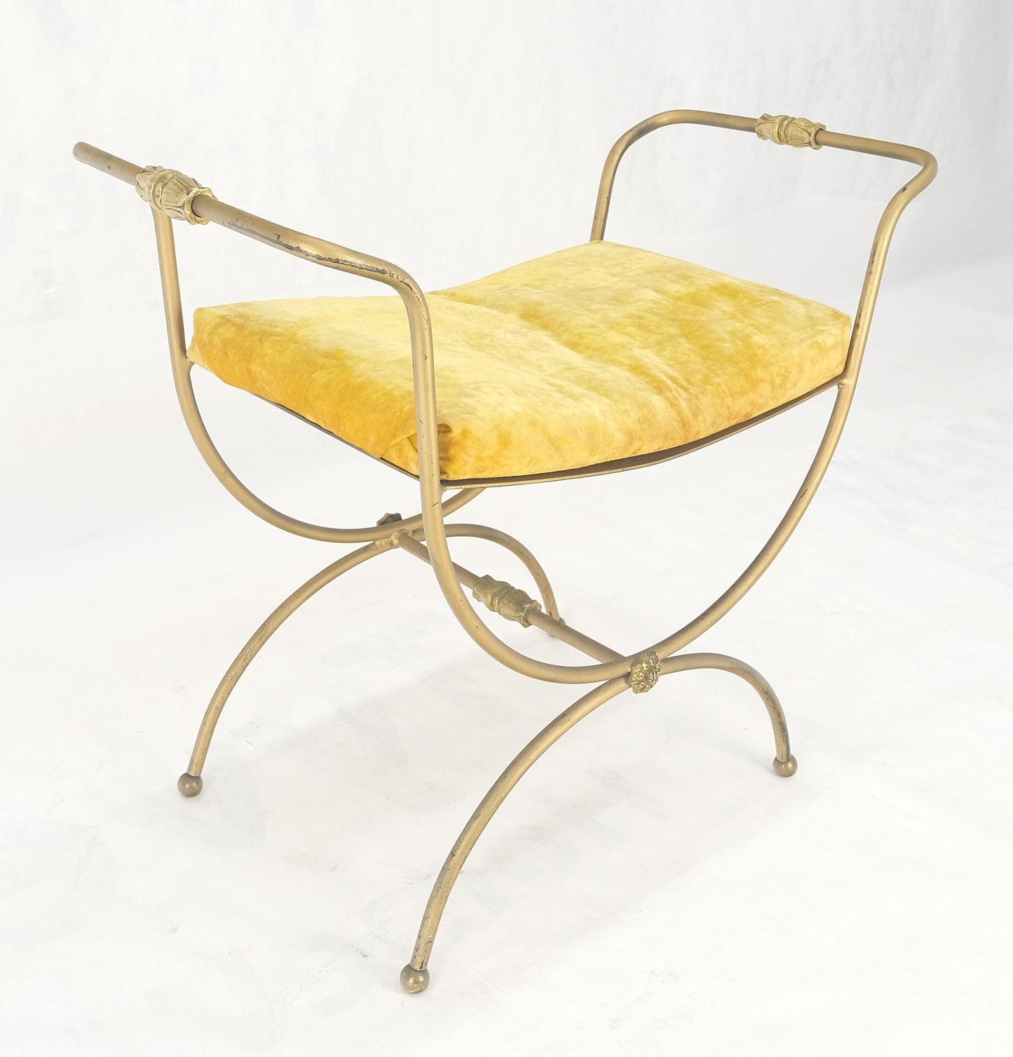 EstablishedLines Italian Brass & Steel Bent Wire Ball Feet Gold Upholstery Cushion Window Bench