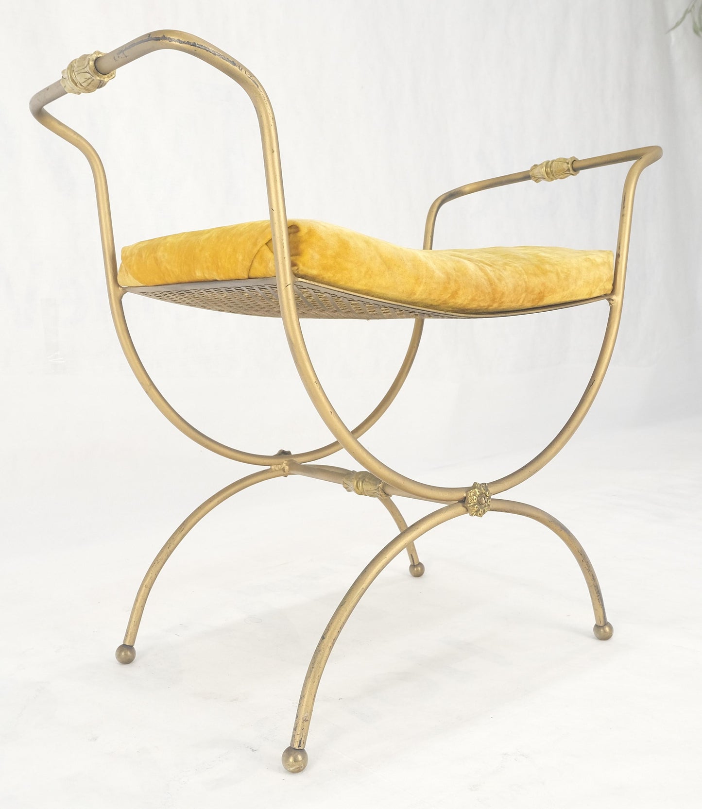 EstablishedLines Italian Brass & Steel Bent Wire Ball Feet Gold Upholstery Cushion Window Bench