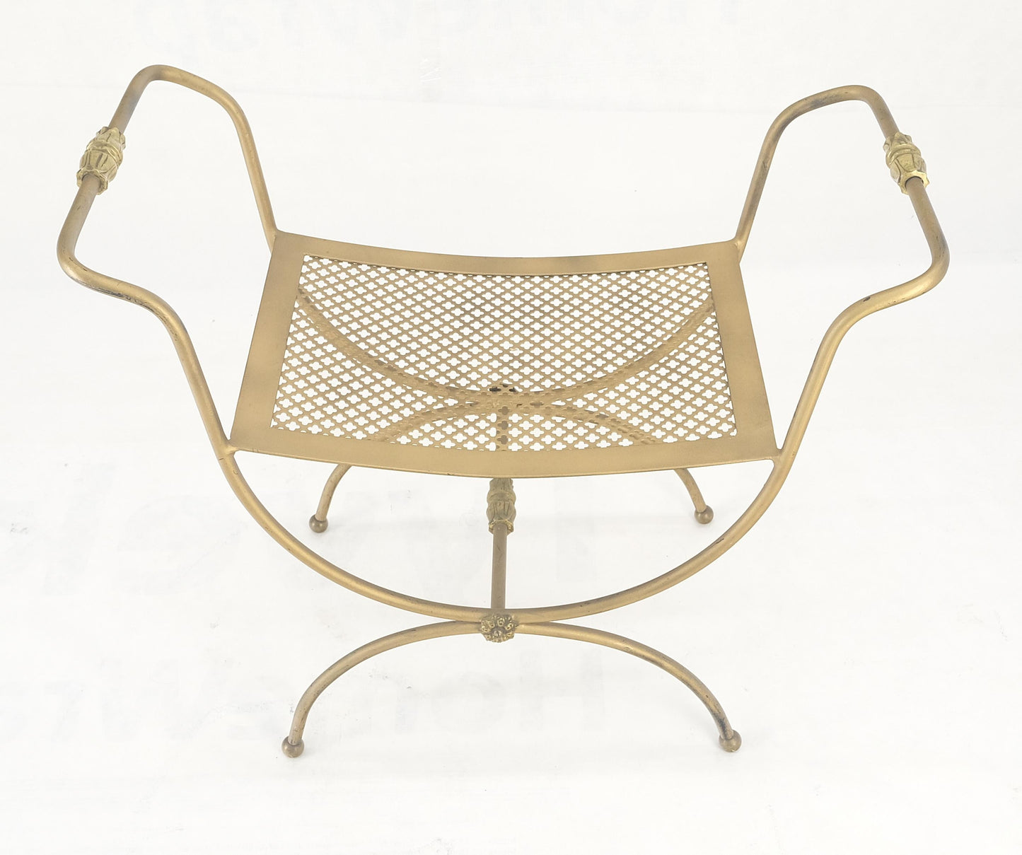 EstablishedLines Italian Brass & Steel Bent Wire Ball Feet Gold Upholstery Cushion Window Bench