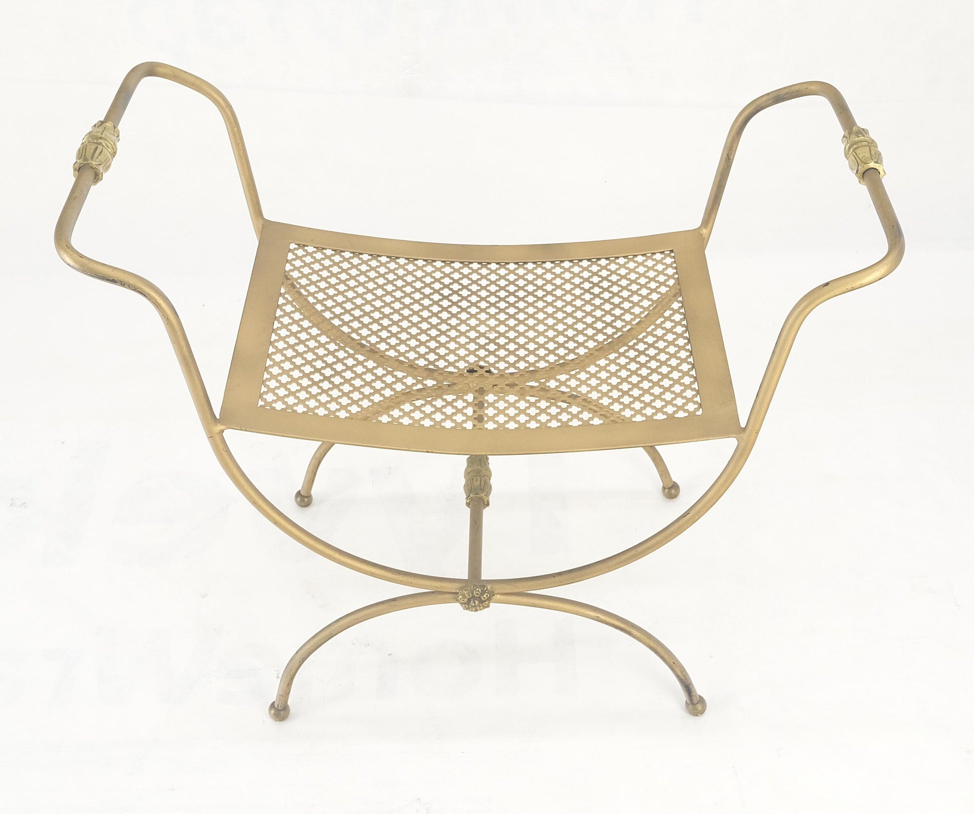 EstablishedLines Italian Brass & Steel Bent Wire Ball Feet Gold Upholstery Cushion Window Bench
