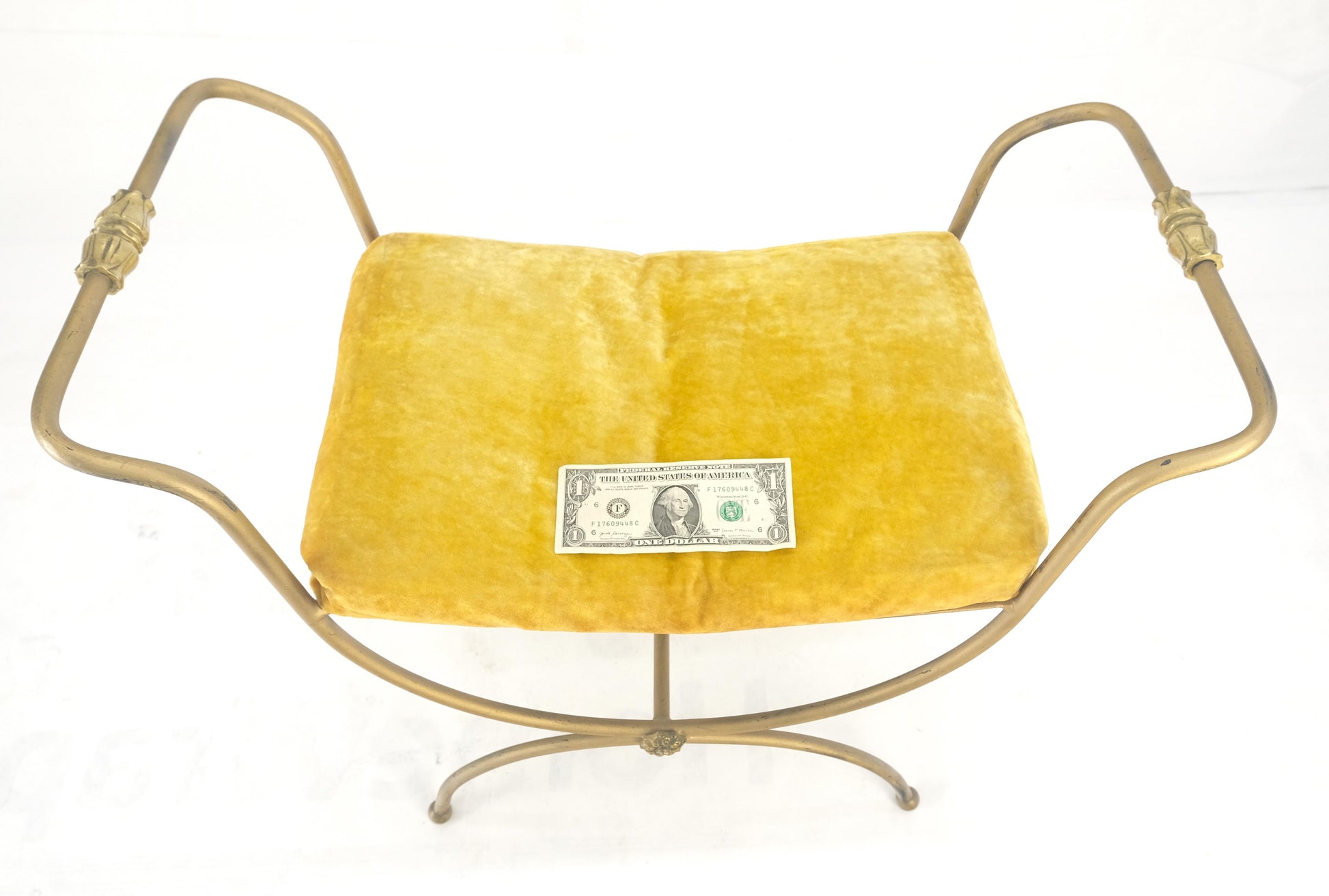 EstablishedLines Italian Brass & Steel Bent Wire Ball Feet Gold Upholstery Cushion Window Bench