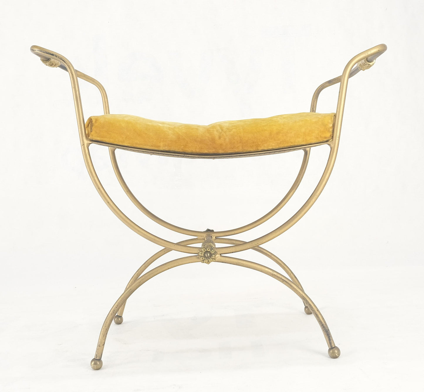 EstablishedLines Italian Brass & Steel Bent Wire Ball Feet Gold Upholstery Cushion Window Bench