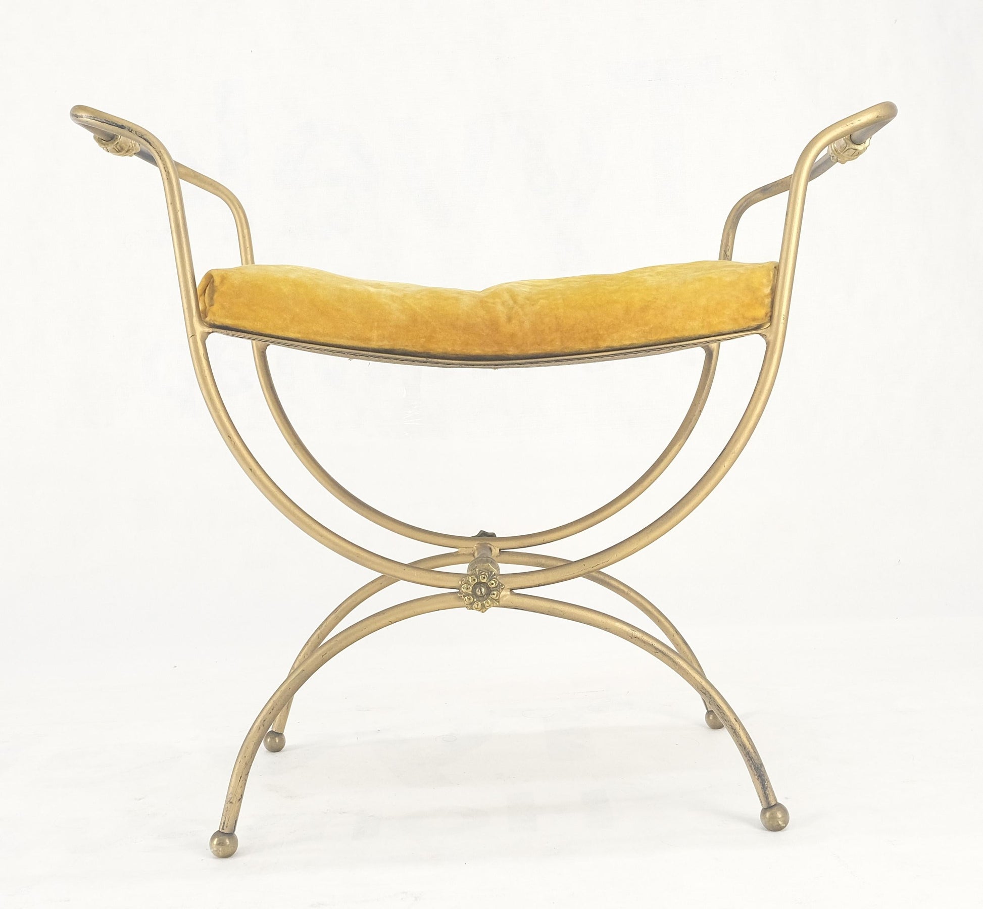 EstablishedLines Italian Brass & Steel Bent Wire Ball Feet Gold Upholstery Cushion Window Bench