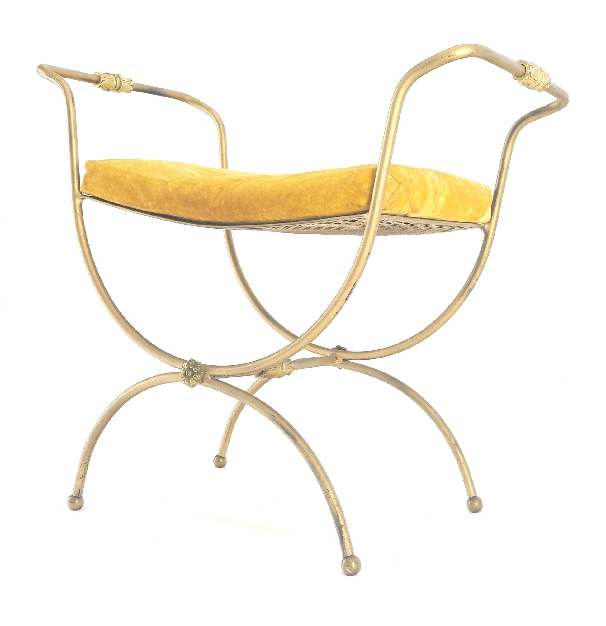 EstablishedLines Italian Brass & Steel Bent Wire Ball Feet Gold Upholstery Cushion Window Bench