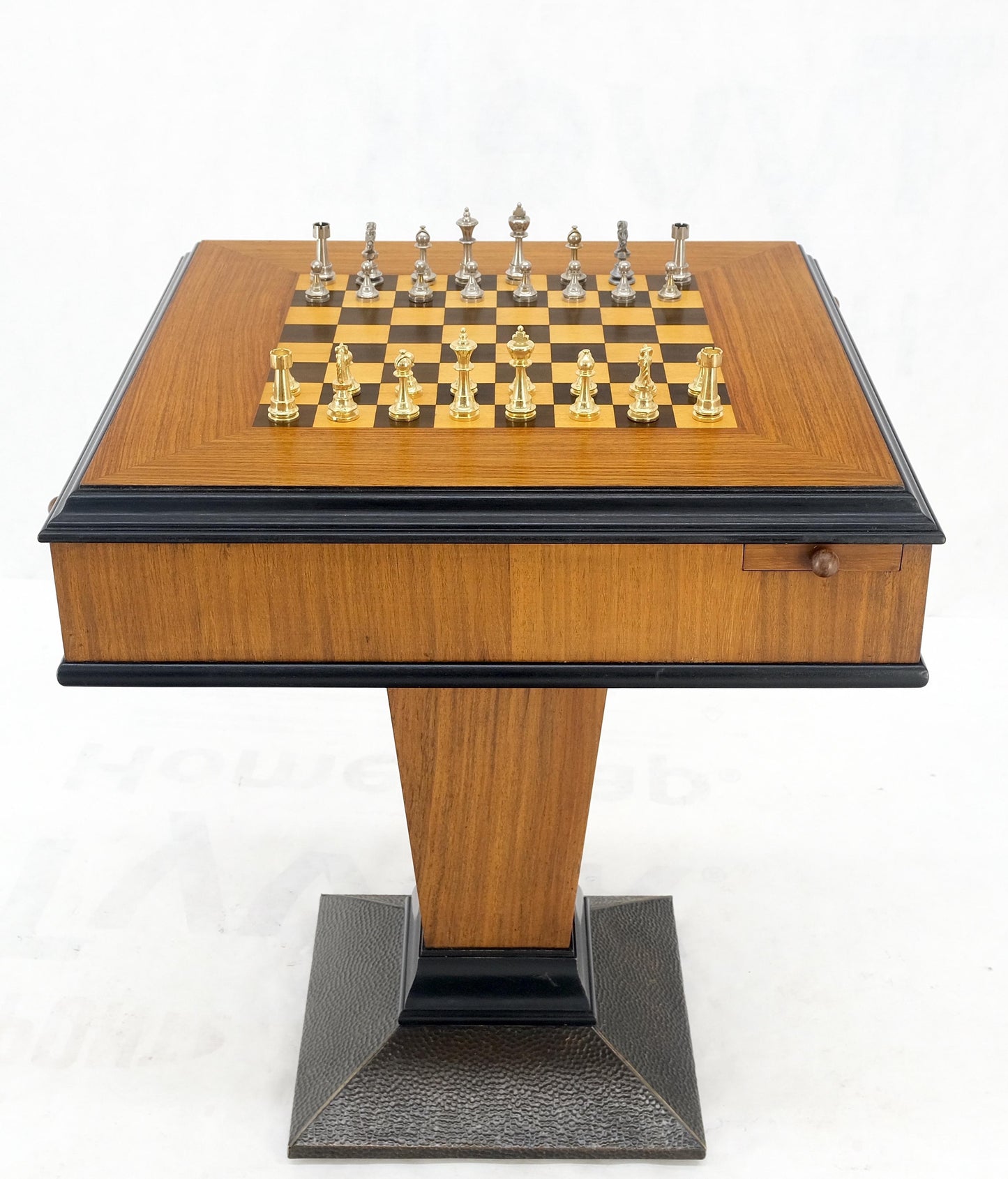 EstablishedLines Art Deco Single Pedestal Square Game Table Pull Out Trays Chess Board Set Mint!