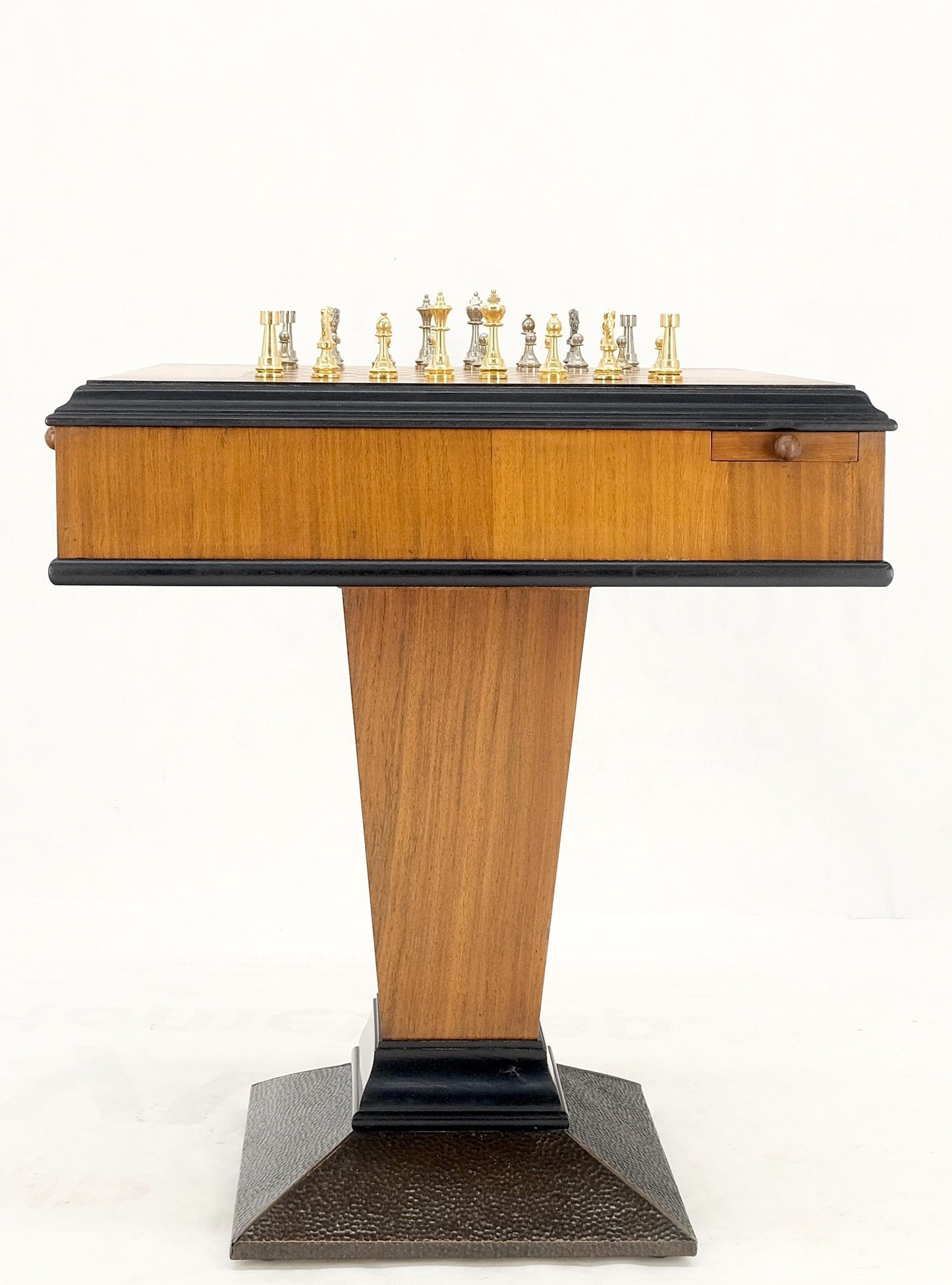 EstablishedLines Art Deco Single Pedestal Square Game Table Pull Out Trays Chess Board Set Mint!