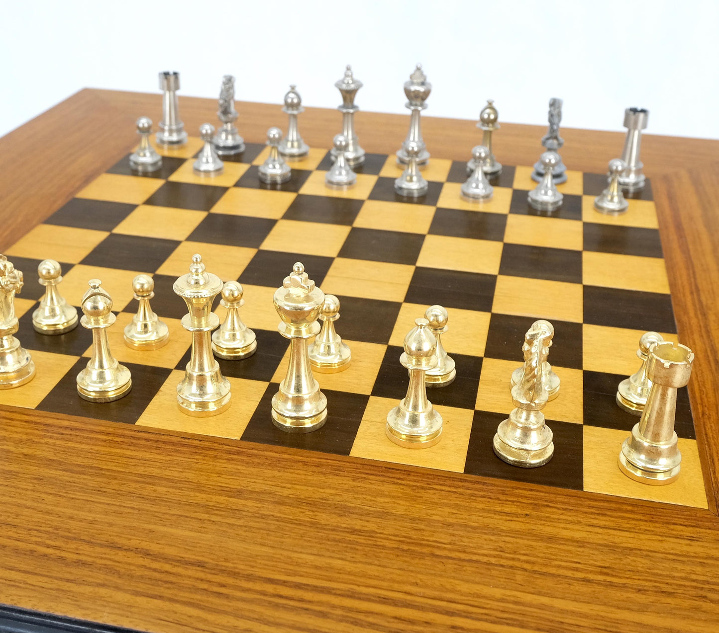 EstablishedLines Art Deco Single Pedestal Square Game Table Pull Out Trays Chess Board Set Mint!