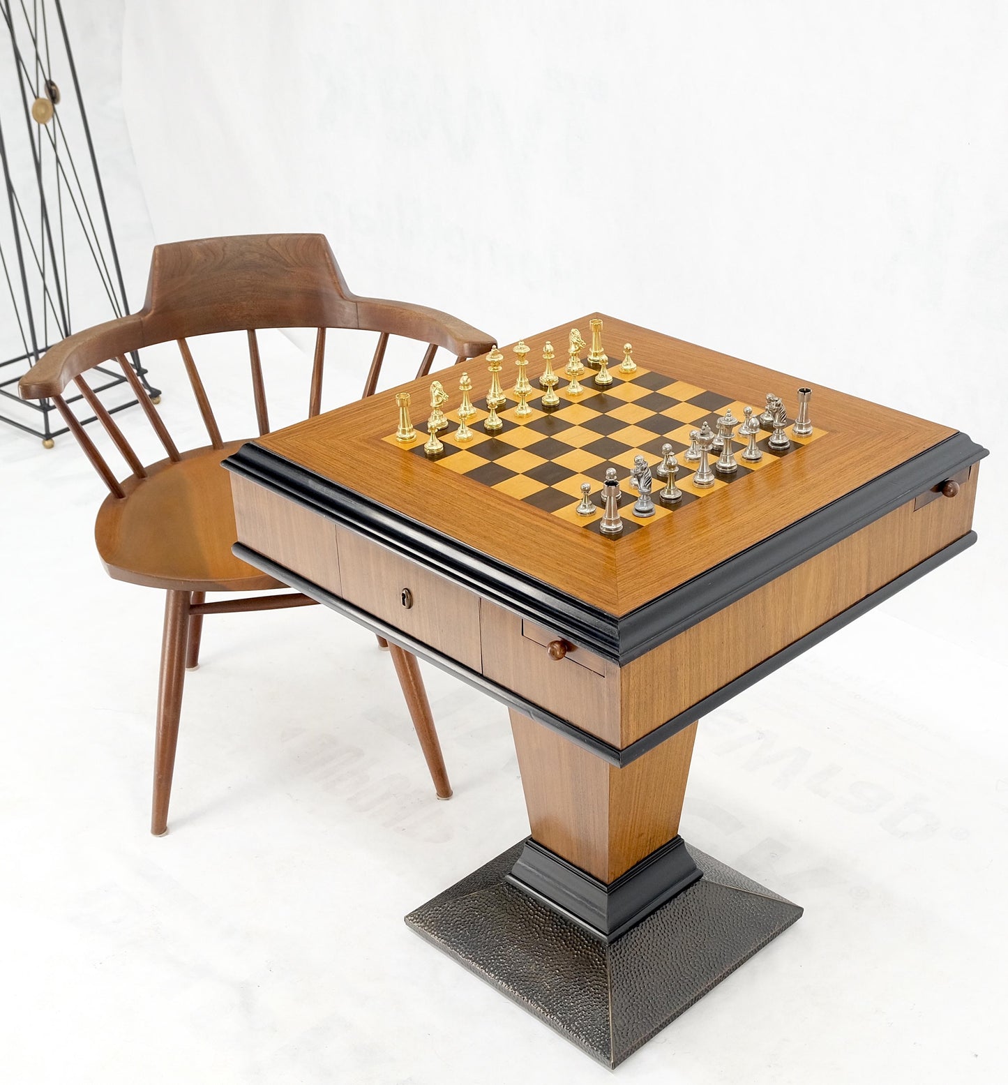 EstablishedLines Art Deco Single Pedestal Square Game Table Pull Out Trays Chess Board Set Mint!