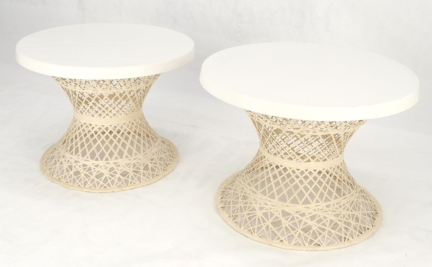 EstablishedLines Pair Spun Fiberglass 24" Round Stone Textured Tops End Side Tables Woodard MINT