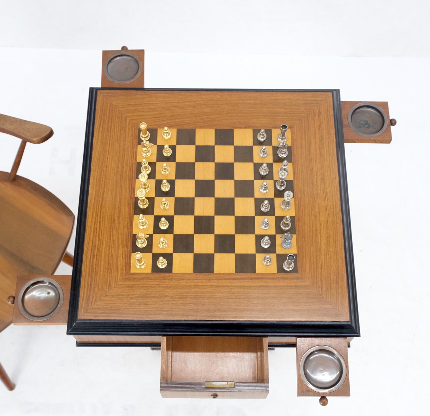 EstablishedLines Art Deco Single Pedestal Square Game Table Pull Out Trays Chess Board Set Mint!