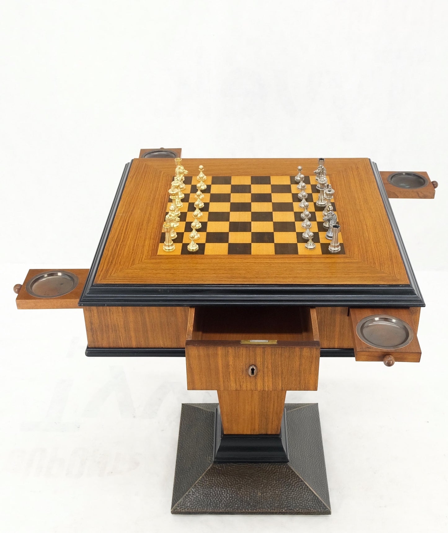EstablishedLines Art Deco Single Pedestal Square Game Table Pull Out Trays Chess Board Set Mint!