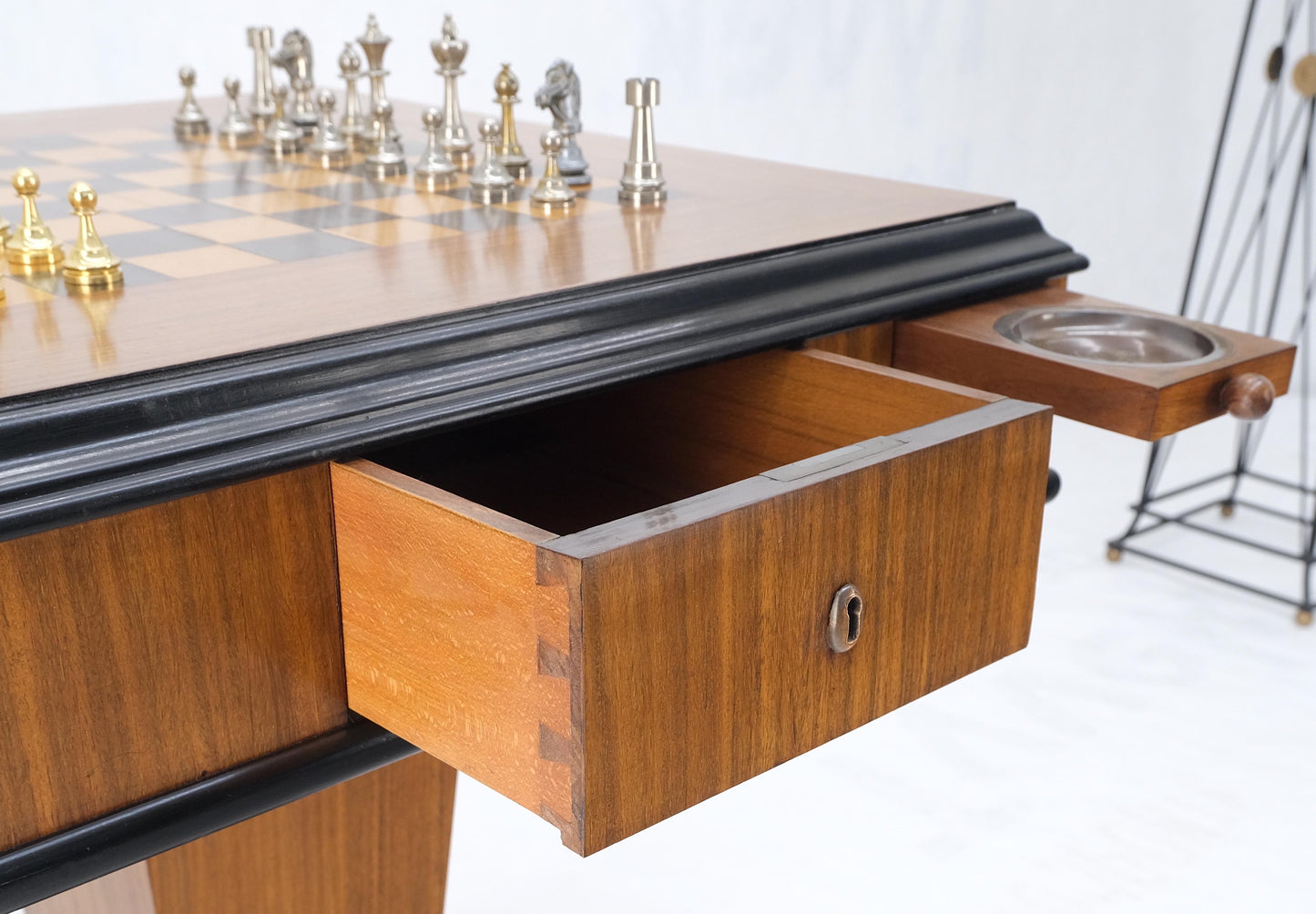 EstablishedLines Art Deco Single Pedestal Square Game Table Pull Out Trays Chess Board Set Mint!