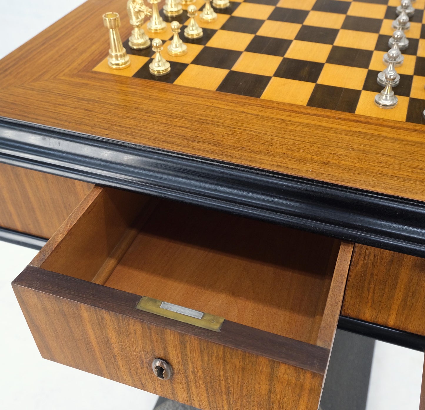 EstablishedLines Art Deco Single Pedestal Square Game Table Pull Out Trays Chess Board Set Mint!