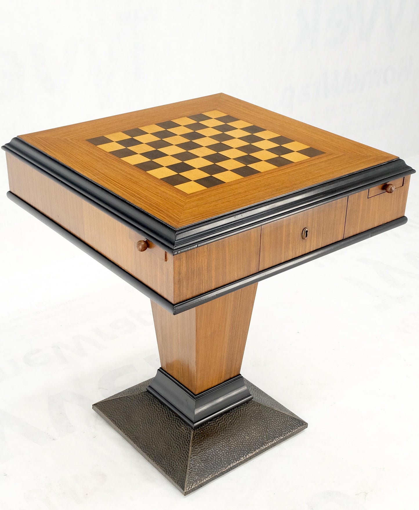 EstablishedLines Art Deco Single Pedestal Square Game Table Pull Out Trays Chess Board Set Mint!