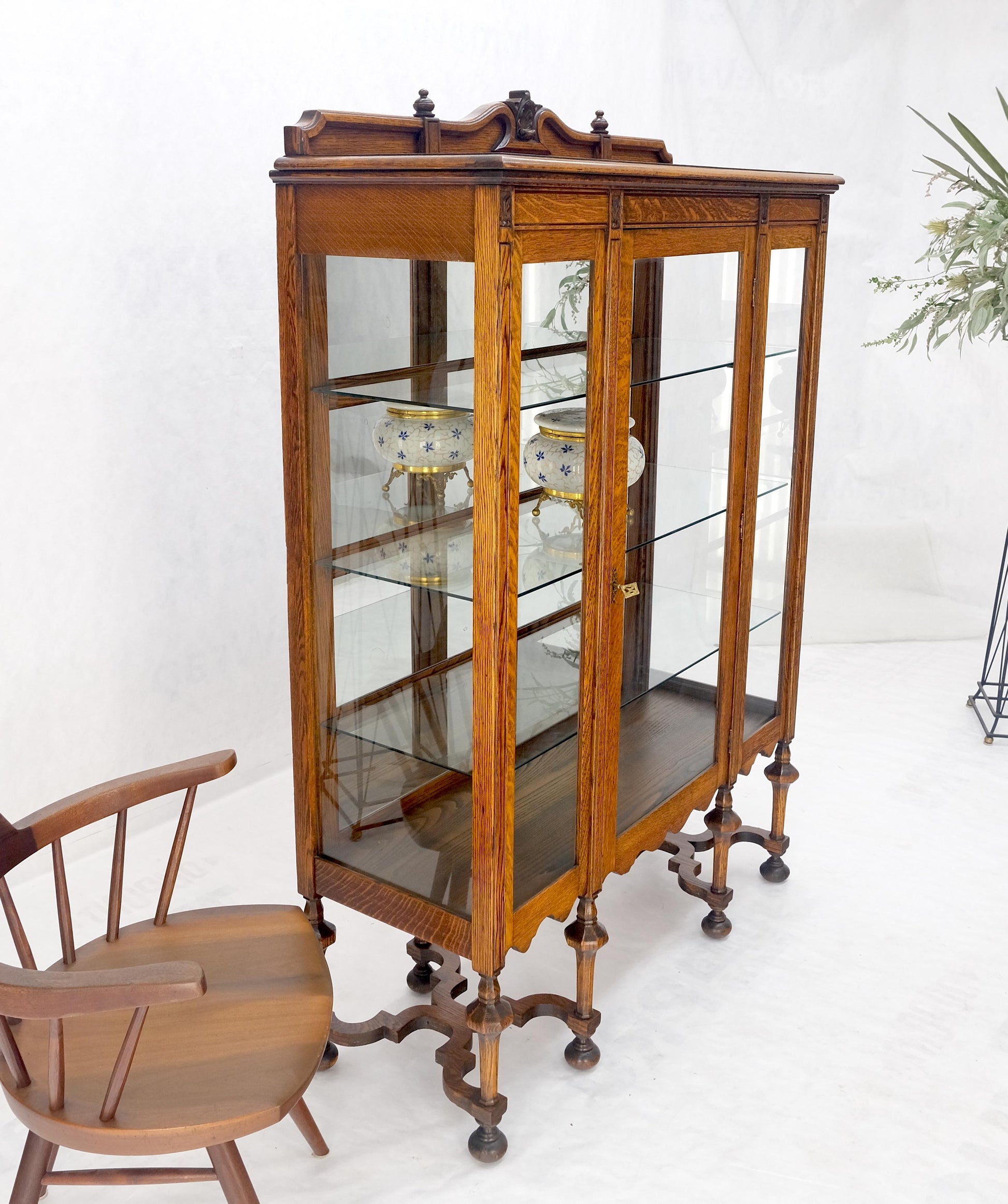 EstablishedLines Light Oak Ball Feet Glass Doors Shelves China Curio Display Cabinet Brass Key