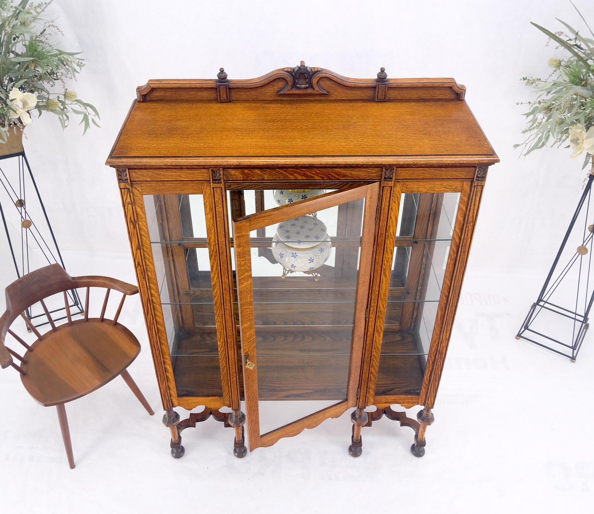 EstablishedLines Light Oak Ball Feet Glass Doors Shelves China Curio Display Cabinet Brass Key