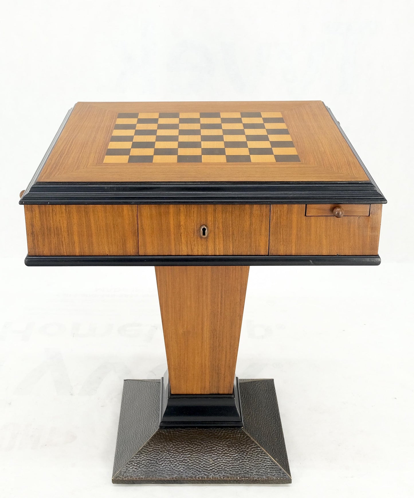 EstablishedLines Art Deco Single Pedestal Square Game Table Pull Out Trays Chess Board Set Mint!