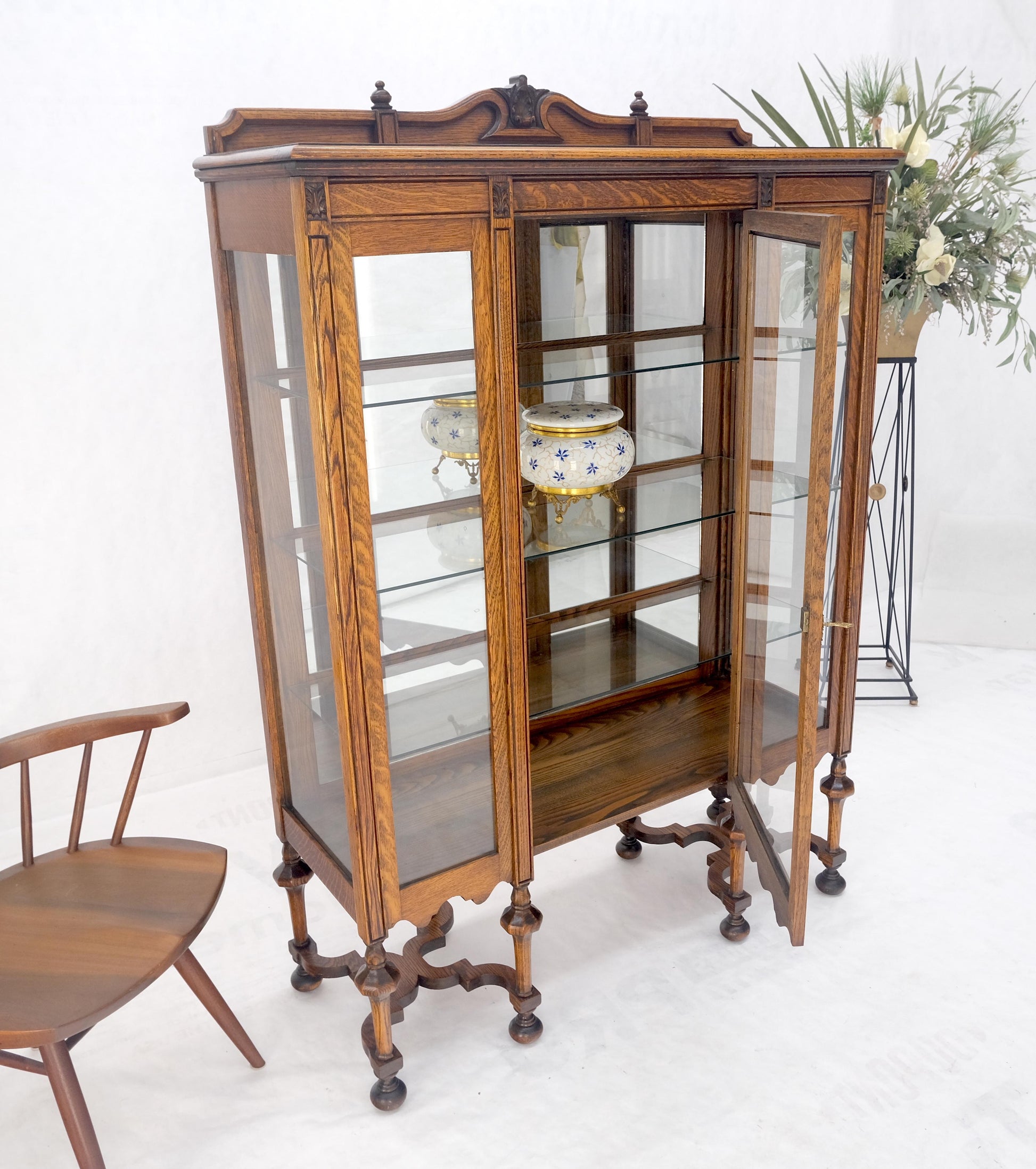 EstablishedLines Light Oak Ball Feet Glass Doors Shelves China Curio Display Cabinet Brass Key
