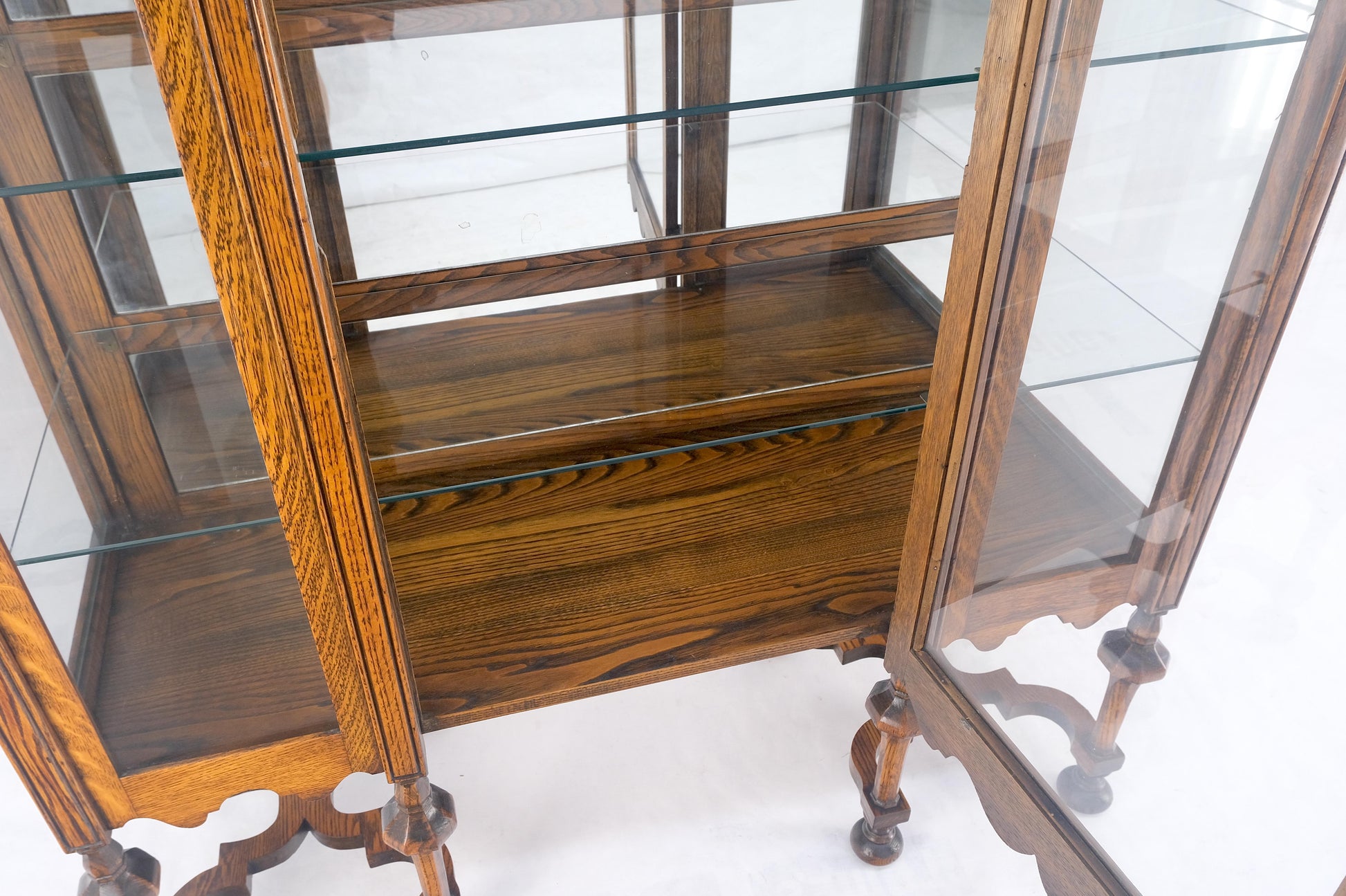 EstablishedLines Light Oak Ball Feet Glass Doors Shelves China Curio Display Cabinet Brass Key