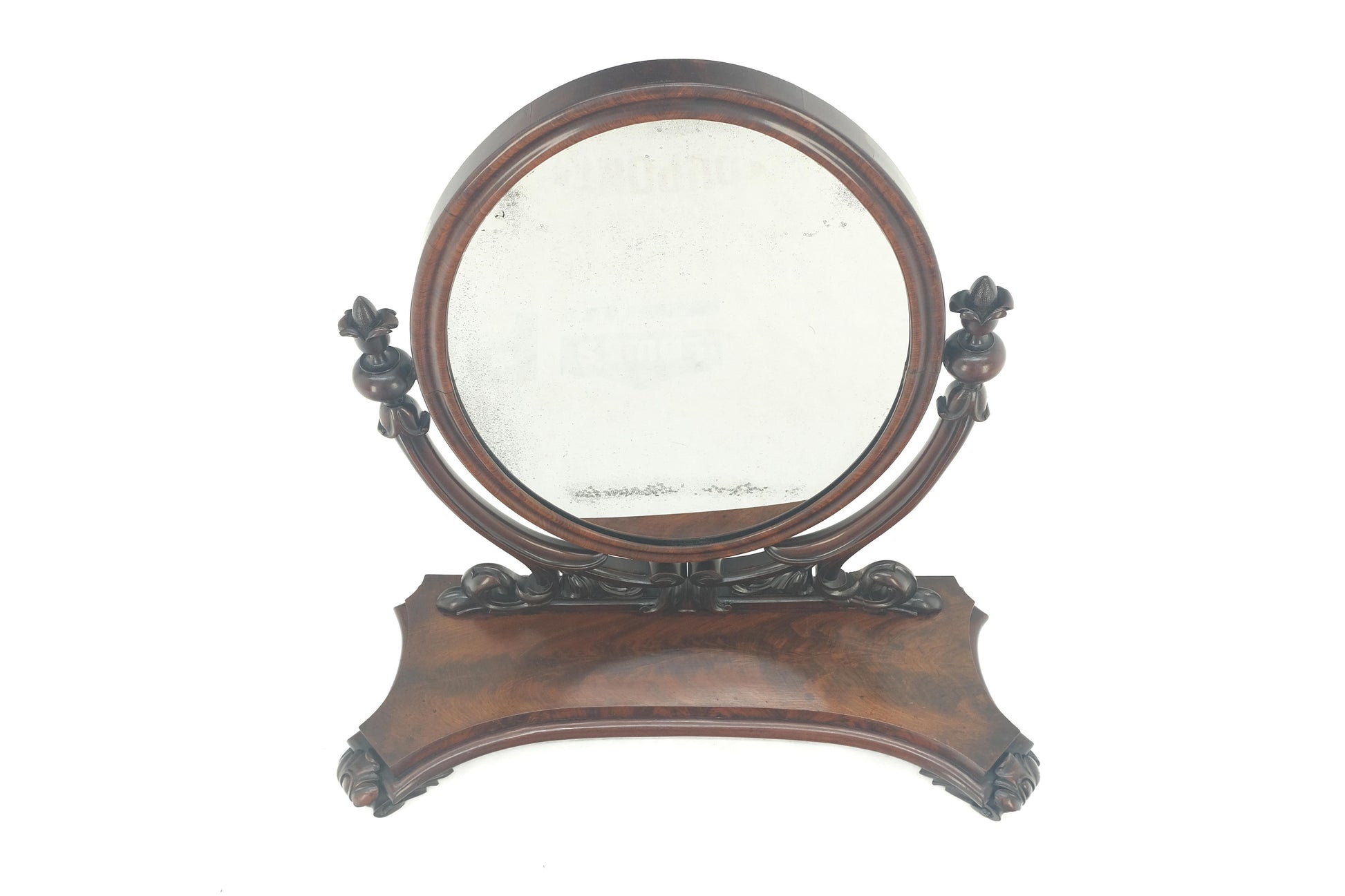 EstablishedLines Very Fine Antique Carved Flame Mahogany Oval Swivel Shaving Mirror Acorn Finials