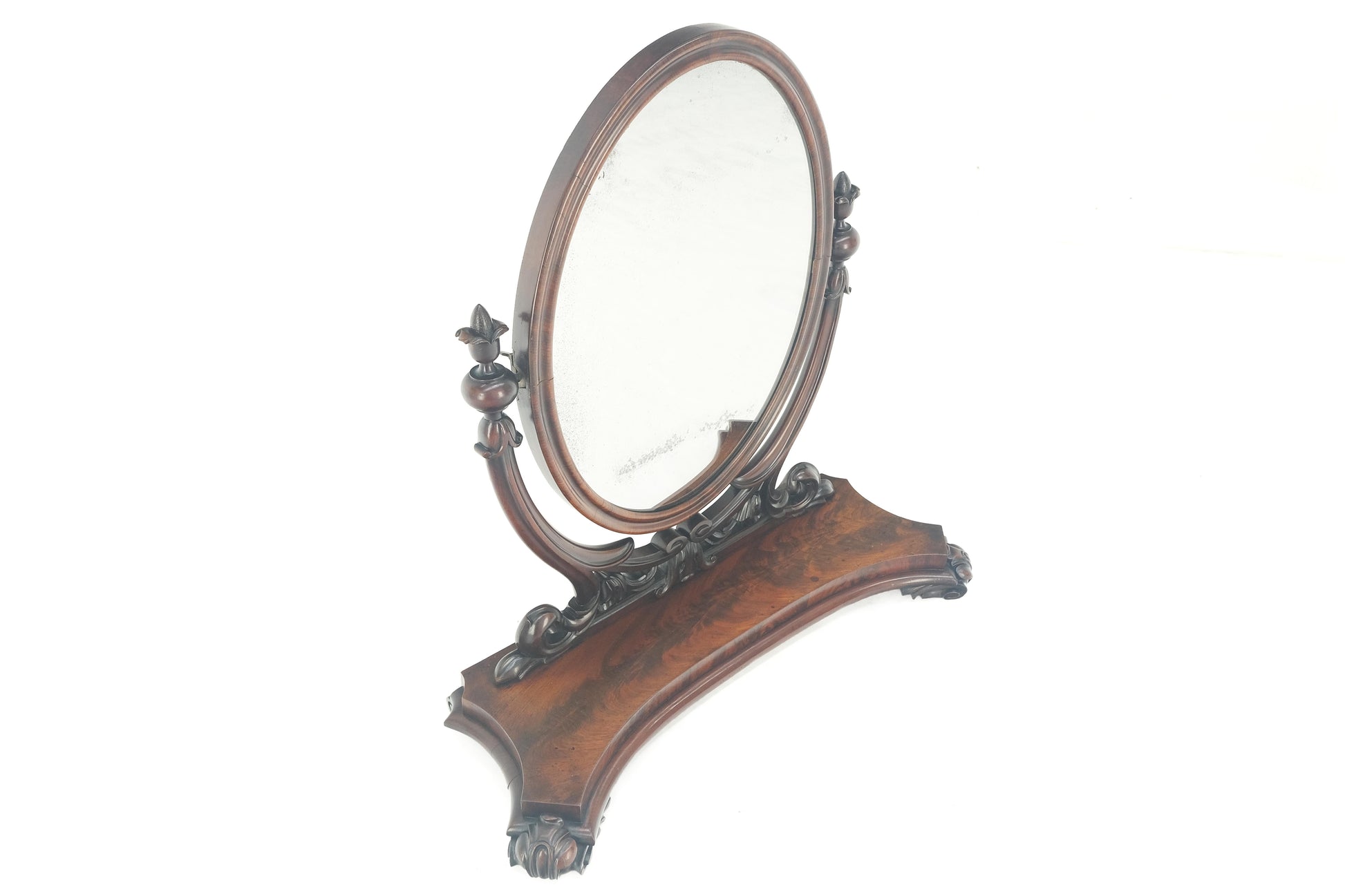 EstablishedLines Very Fine Antique Carved Flame Mahogany Oval Swivel Shaving Mirror Acorn Finials