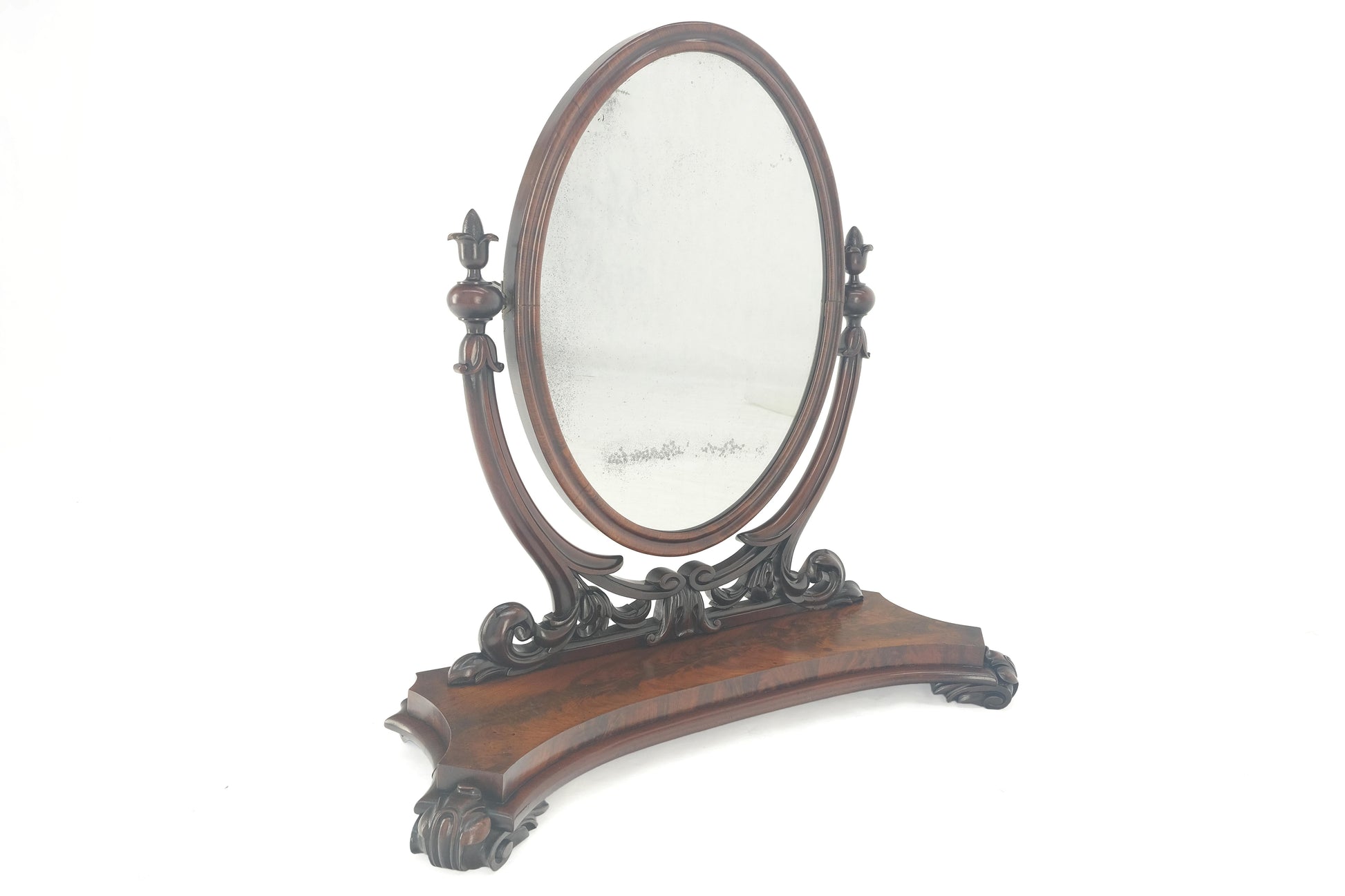 EstablishedLines Very Fine Antique Carved Flame Mahogany Oval Swivel Shaving Mirror Acorn Finials