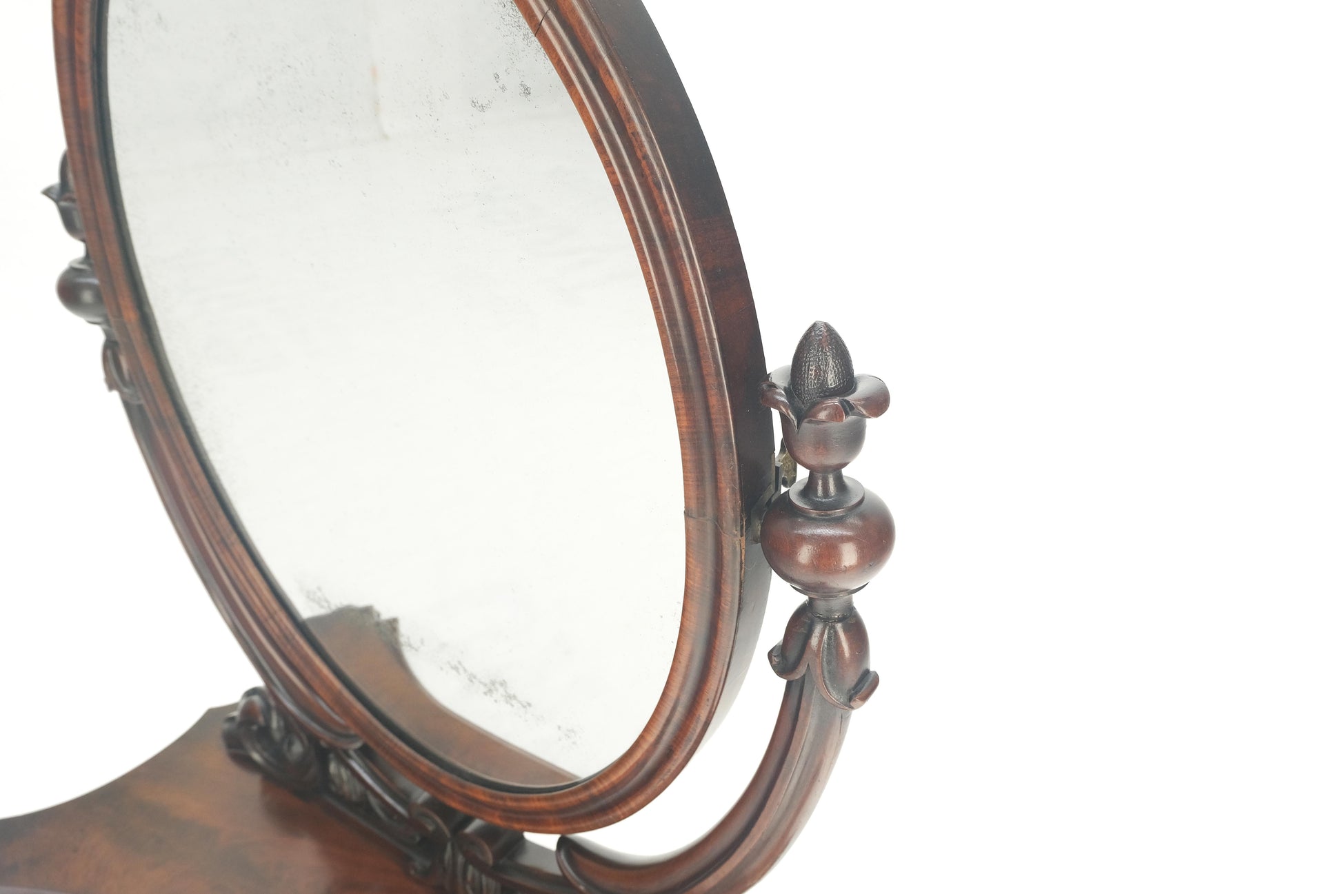 EstablishedLines Very Fine Antique Carved Flame Mahogany Oval Swivel Shaving Mirror Acorn Finials