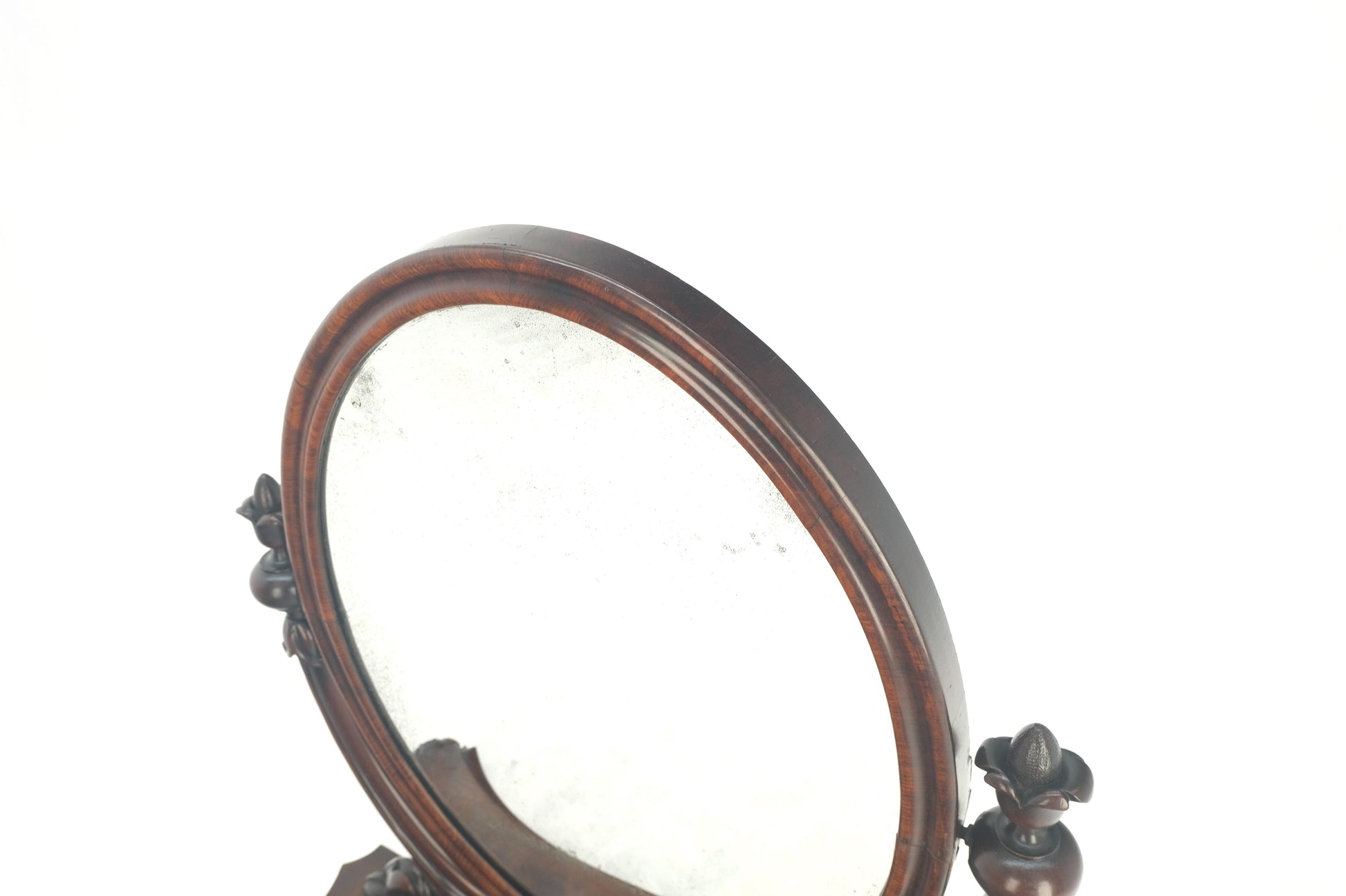 EstablishedLines Very Fine Antique Carved Flame Mahogany Oval Swivel Shaving Mirror Acorn Finials