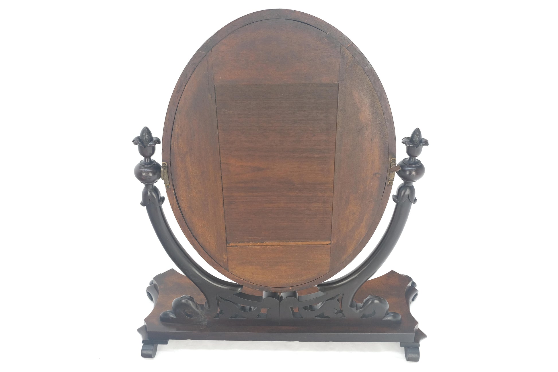EstablishedLines Very Fine Antique Carved Flame Mahogany Oval Swivel Shaving Mirror Acorn Finials