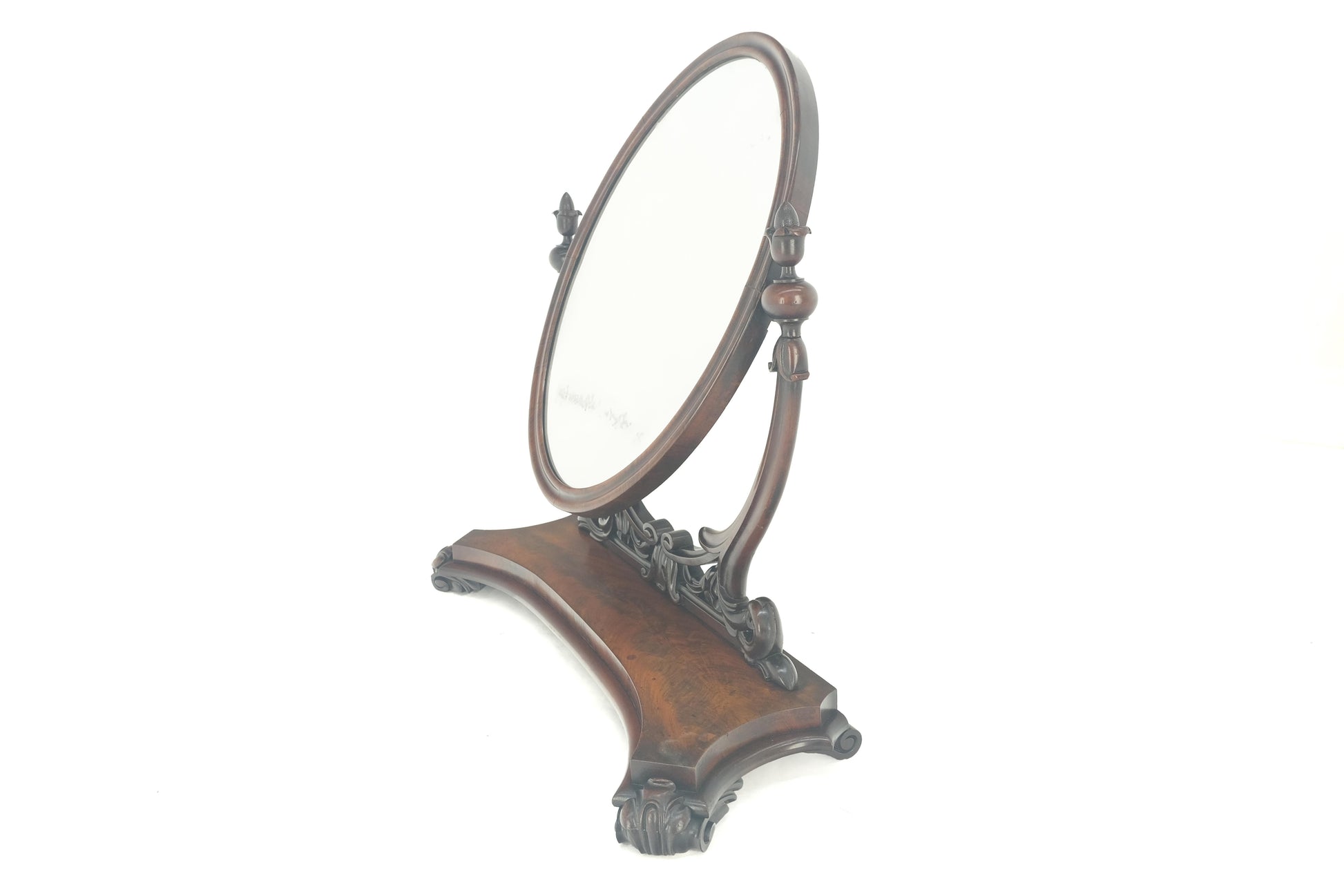 EstablishedLines Very Fine Antique Carved Flame Mahogany Oval Swivel Shaving Mirror Acorn Finials
