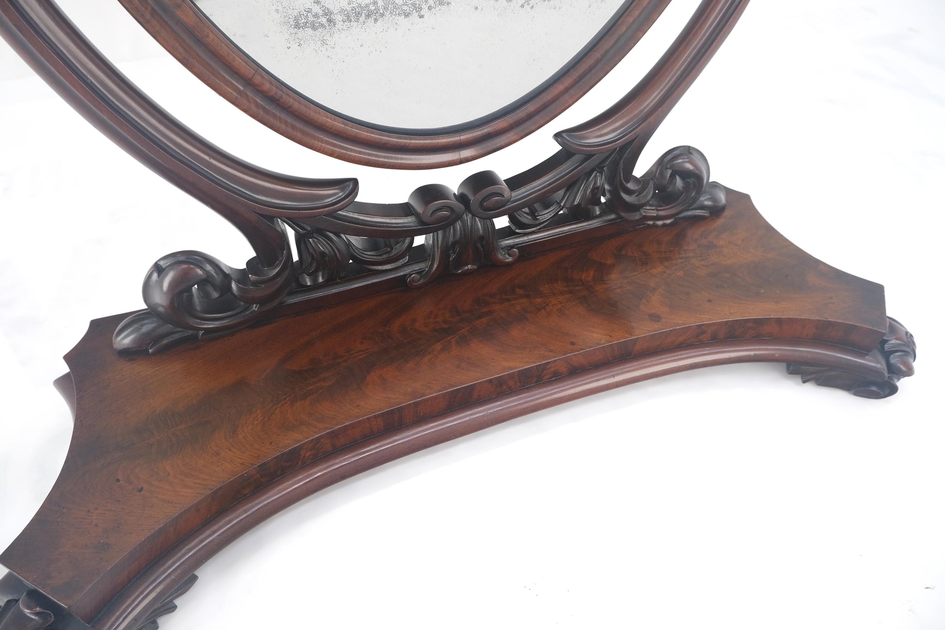 EstablishedLines Very Fine Antique Carved Flame Mahogany Oval Swivel Shaving Mirror Acorn Finials