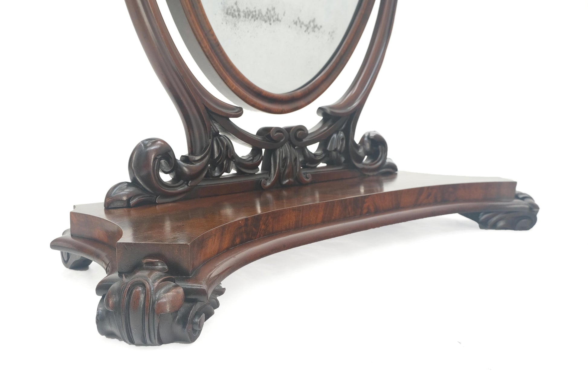 EstablishedLines Very Fine Antique Carved Flame Mahogany Oval Swivel Shaving Mirror Acorn Finials
