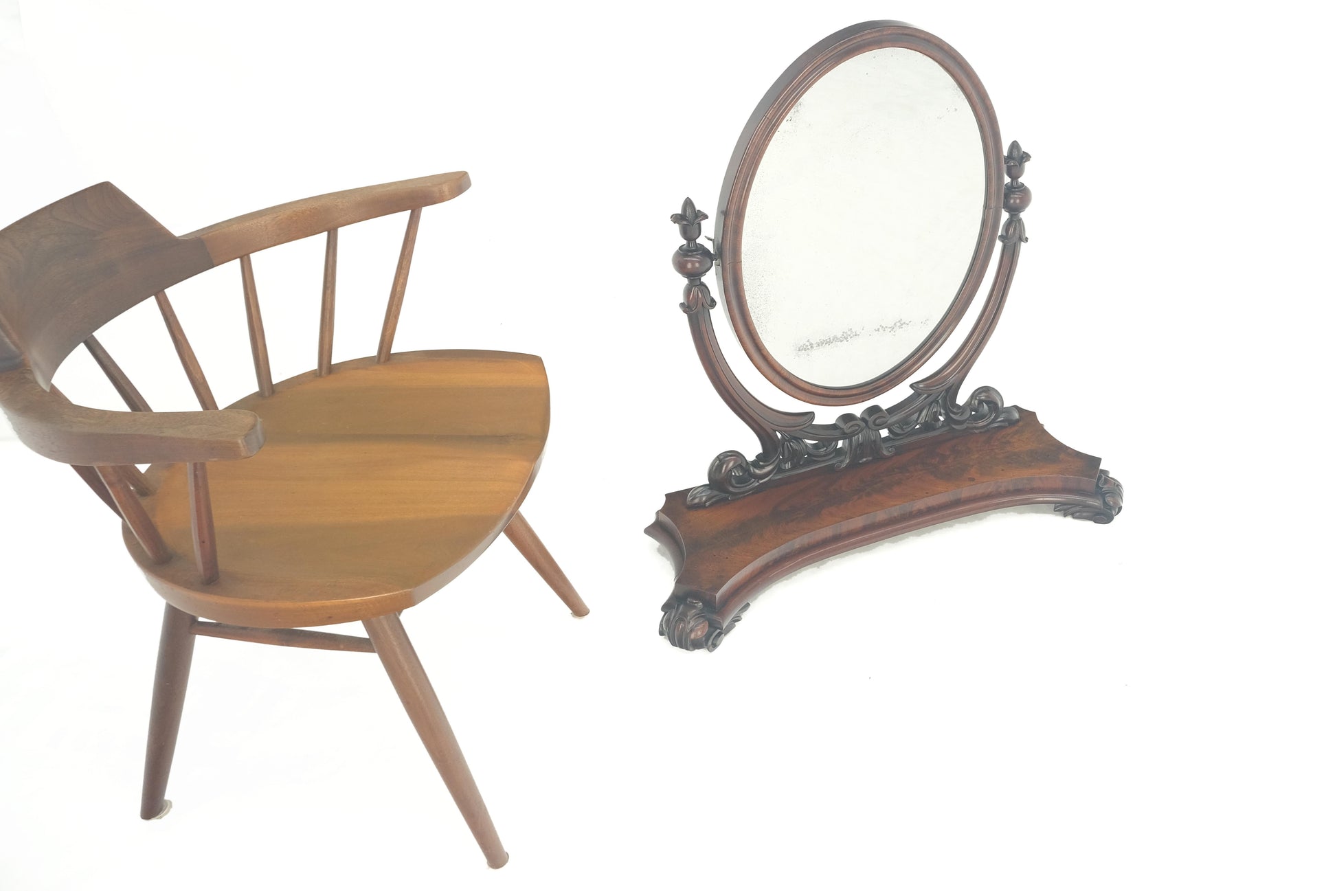 EstablishedLines Very Fine Antique Carved Flame Mahogany Oval Swivel Shaving Mirror Acorn Finials