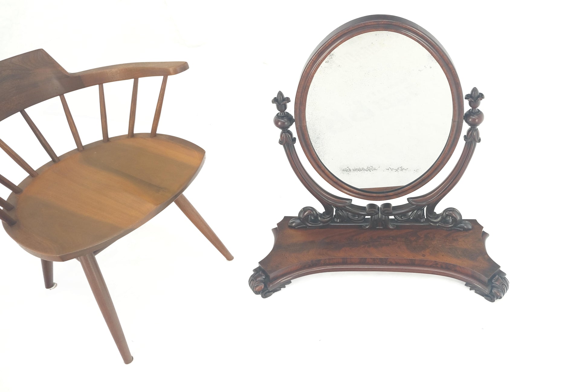 EstablishedLines Very Fine Antique Carved Flame Mahogany Oval Swivel Shaving Mirror Acorn Finials