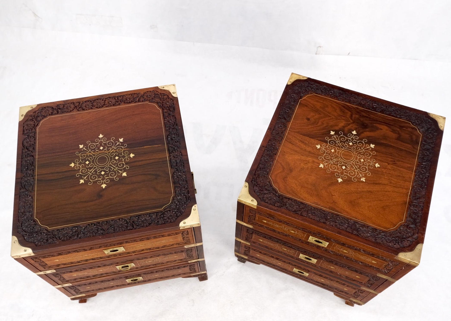 EstablishedLines Pair 3 Drawer Solid Rosewood Campaign Style Brass Inlay Decorated Night Stands