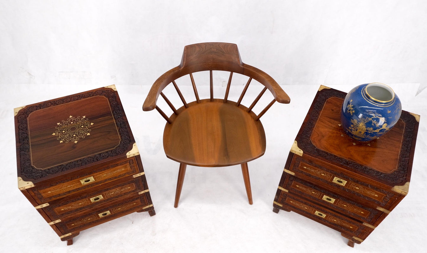 EstablishedLines Pair 3 Drawer Solid Rosewood Campaign Style Brass Inlay Decorated Night Stands