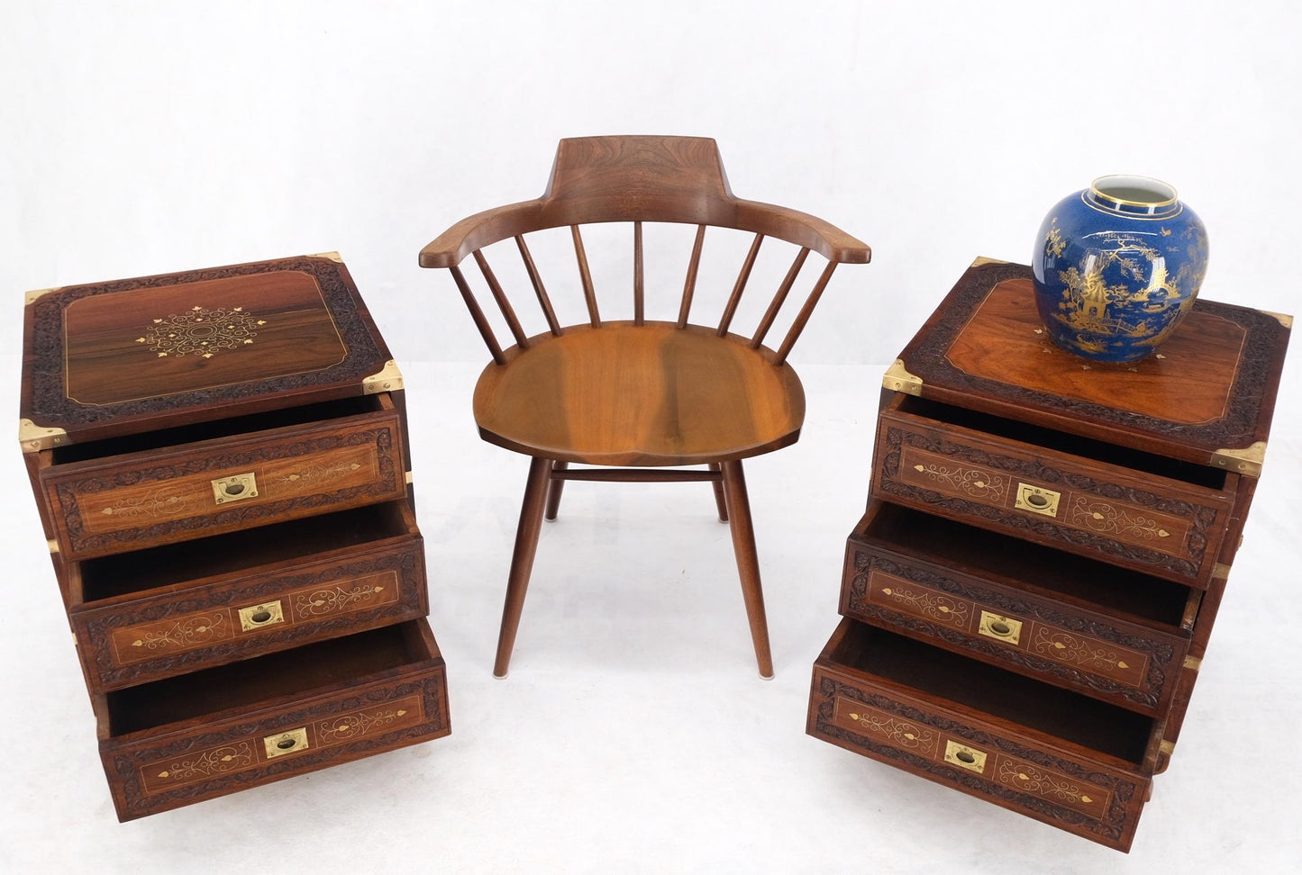 EstablishedLines Pair 3 Drawer Solid Rosewood Campaign Style Brass Inlay Decorated Night Stands
