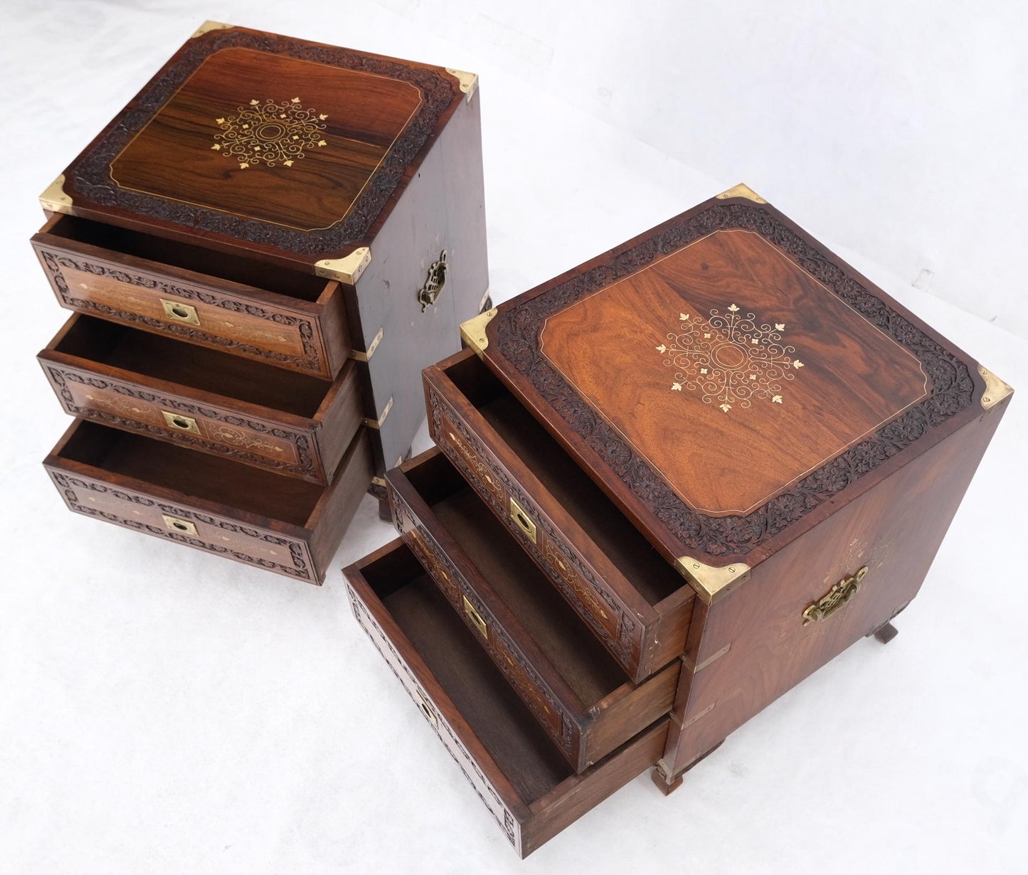 EstablishedLines Pair 3 Drawer Solid Rosewood Campaign Style Brass Inlay Decorated Night Stands