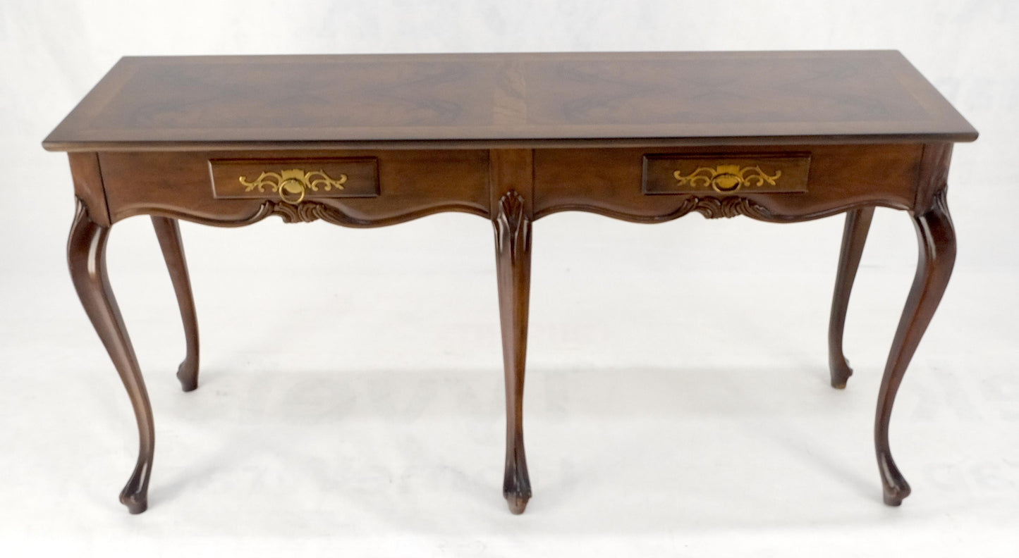 EstablishedLines Baker 54" Long 6 Legged Burl Walnut 2 Drawers Cabriole Leg Console Sofa Table
