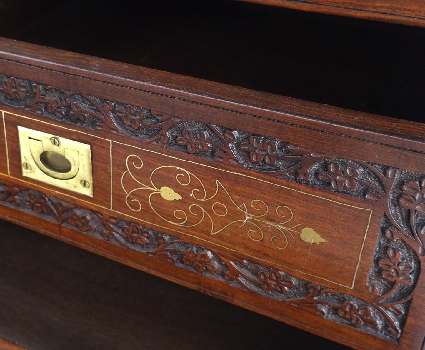 EstablishedLines Pair 3 Drawer Solid Rosewood Campaign Style Brass Inlay Decorated Night Stands