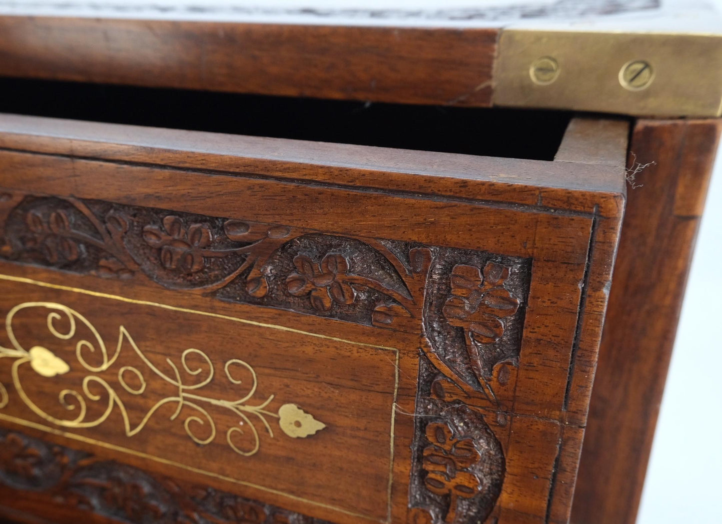 EstablishedLines Pair 3 Drawer Solid Rosewood Campaign Style Brass Inlay Decorated Night Stands