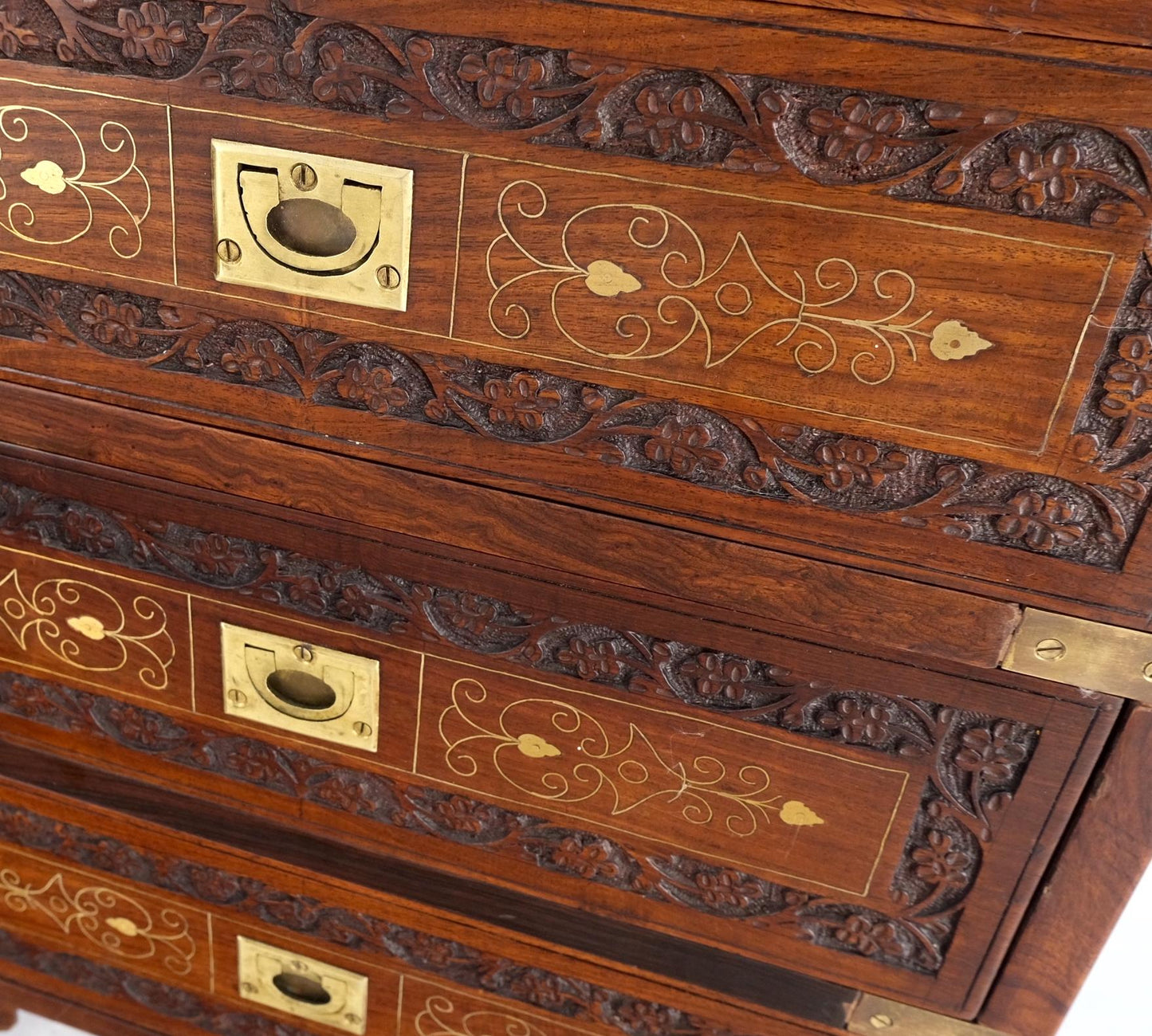 EstablishedLines Pair 3 Drawer Solid Rosewood Campaign Style Brass Inlay Decorated Night Stands
