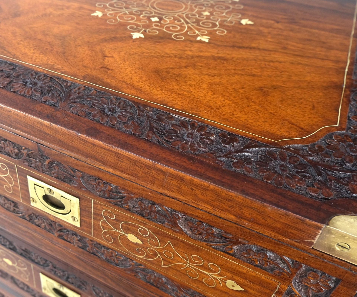 EstablishedLines Pair 3 Drawer Solid Rosewood Campaign Style Brass Inlay Decorated Night Stands