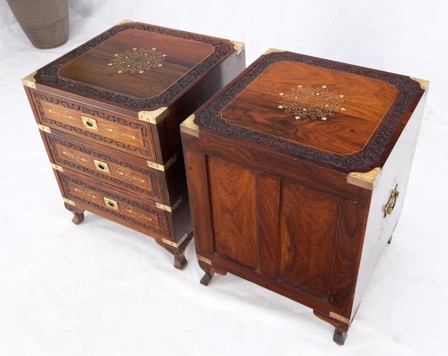 EstablishedLines Pair 3 Drawer Solid Rosewood Campaign Style Brass Inlay Decorated Night Stands