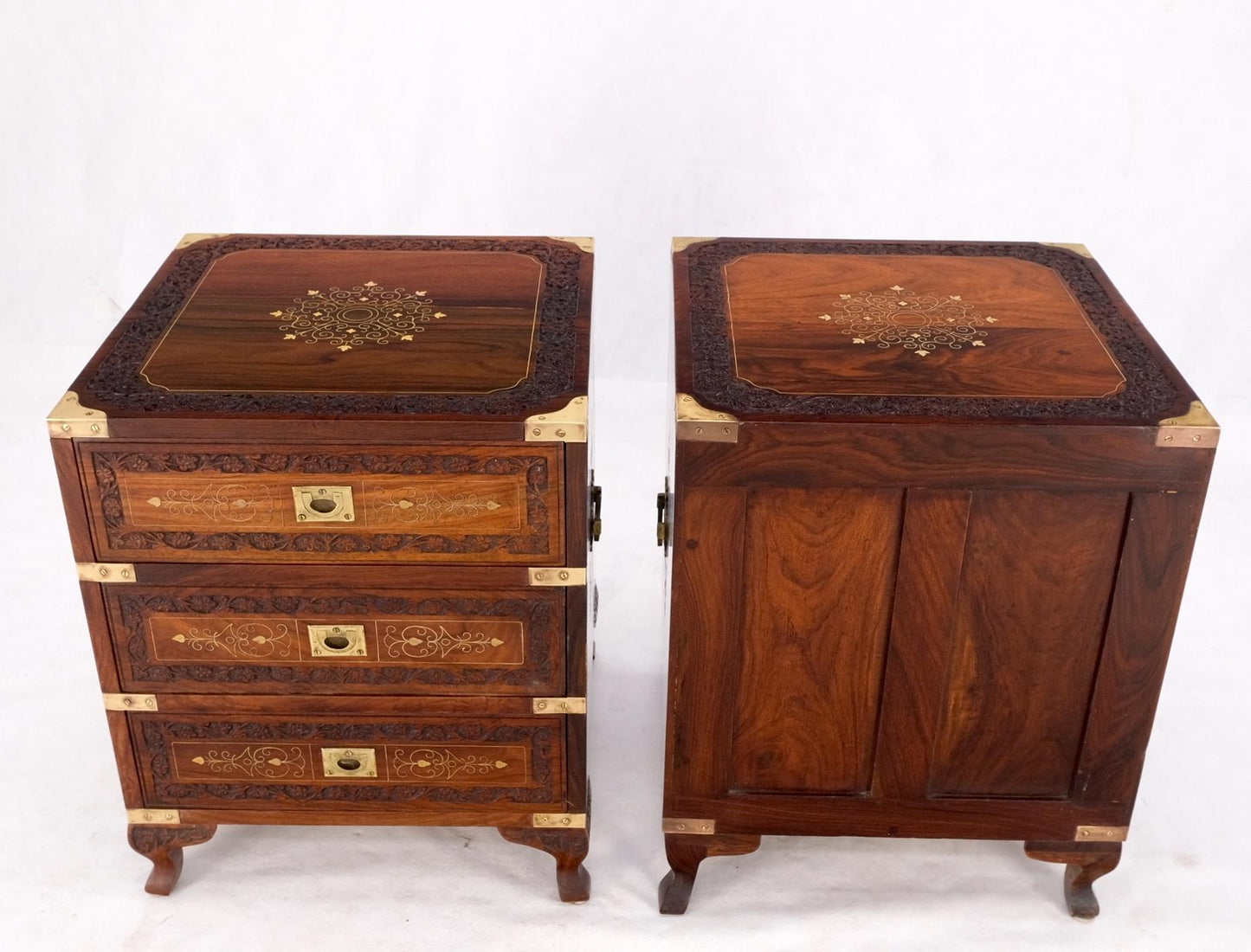 EstablishedLines Pair 3 Drawer Solid Rosewood Campaign Style Brass Inlay Decorated Night Stands